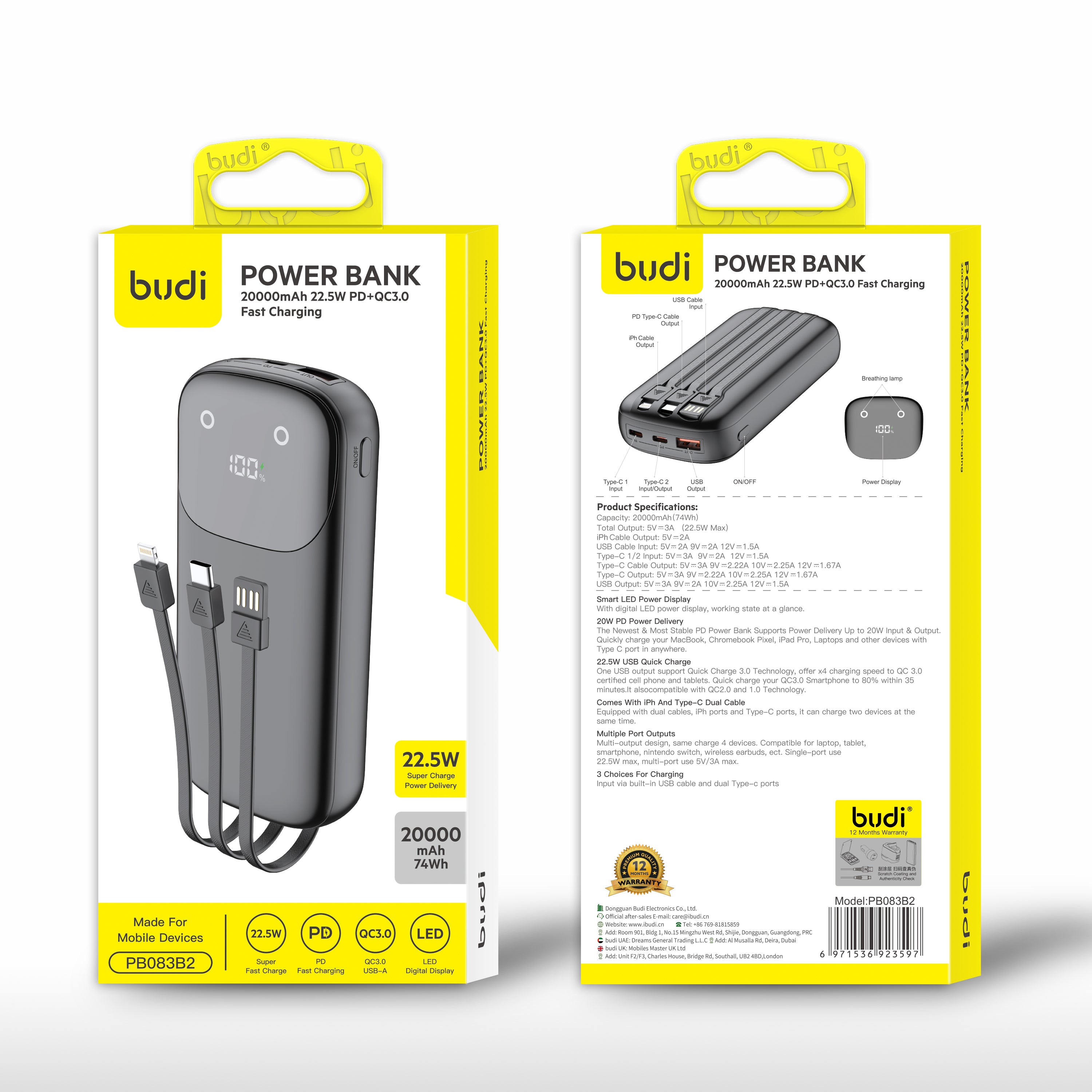 Budi 20000 mAh PD20W + Q3.0 Quick Charge Power Bank