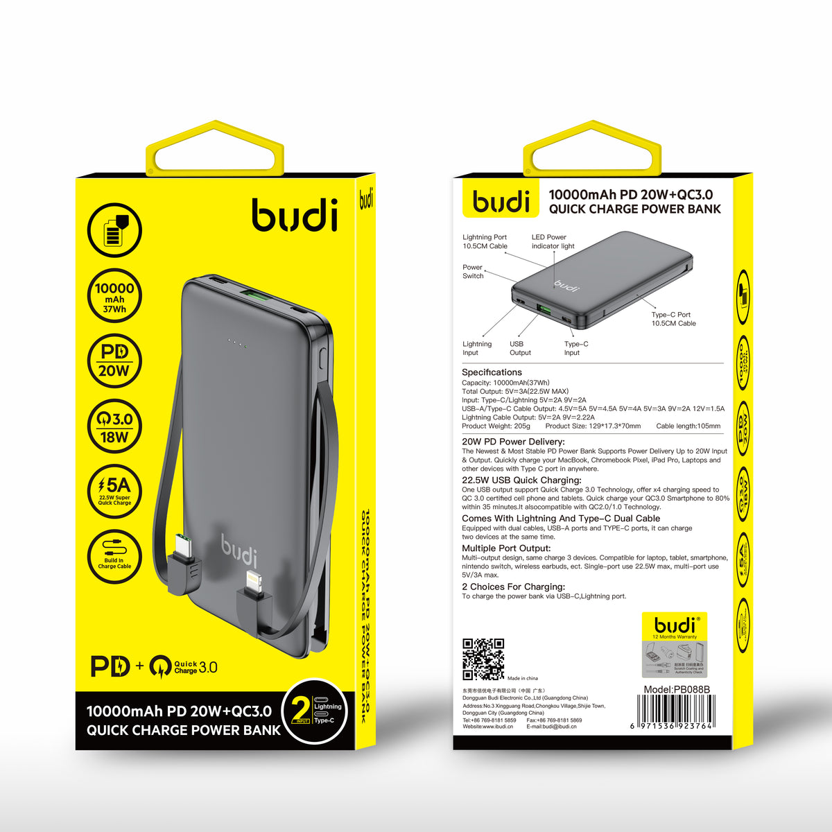 Budi 10000mAh PD20W+QC3.0QUICK CHARGE POWER BANK