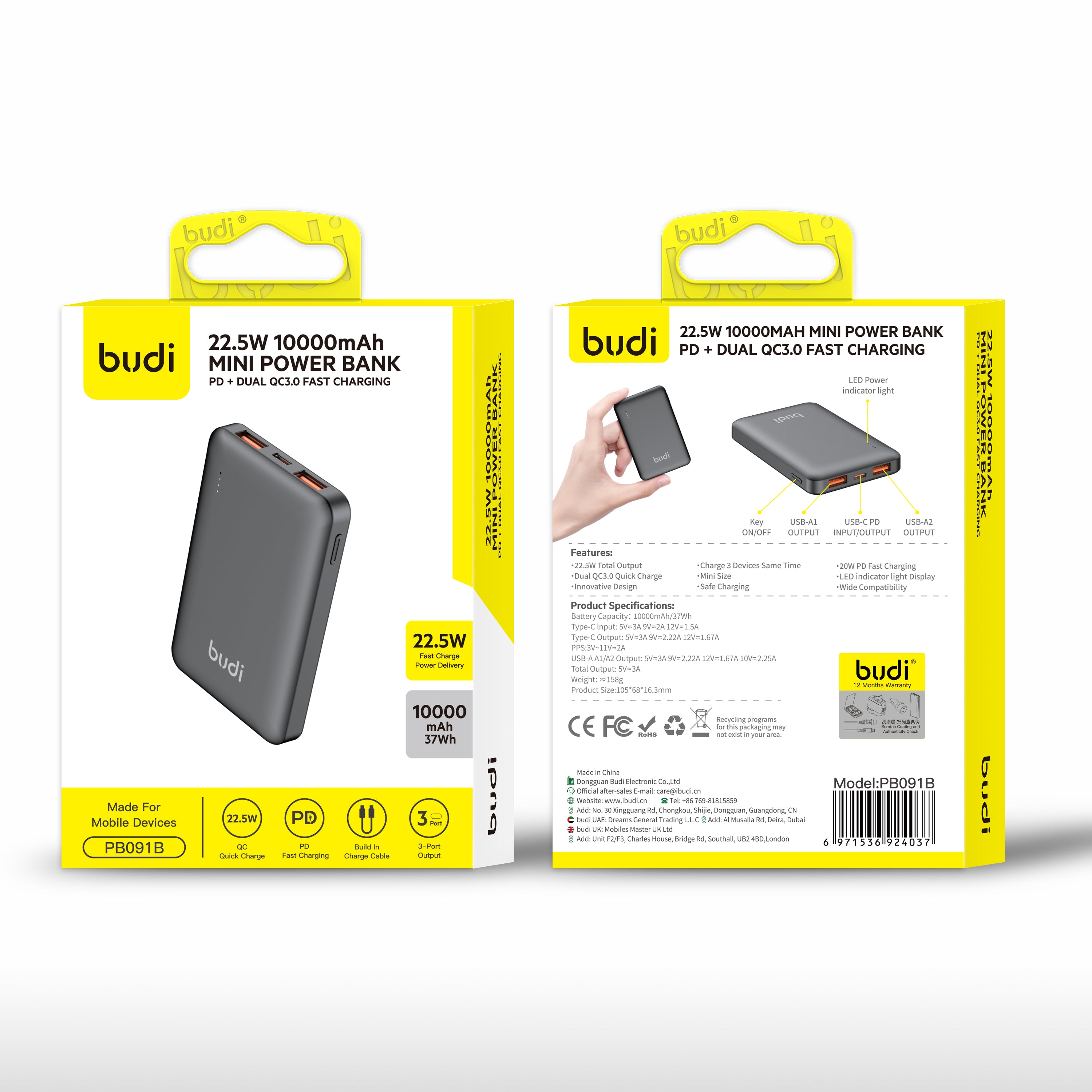Budi 10000 mAh PD+Dual QC3.0 22.5W Quick Charger Power Bank