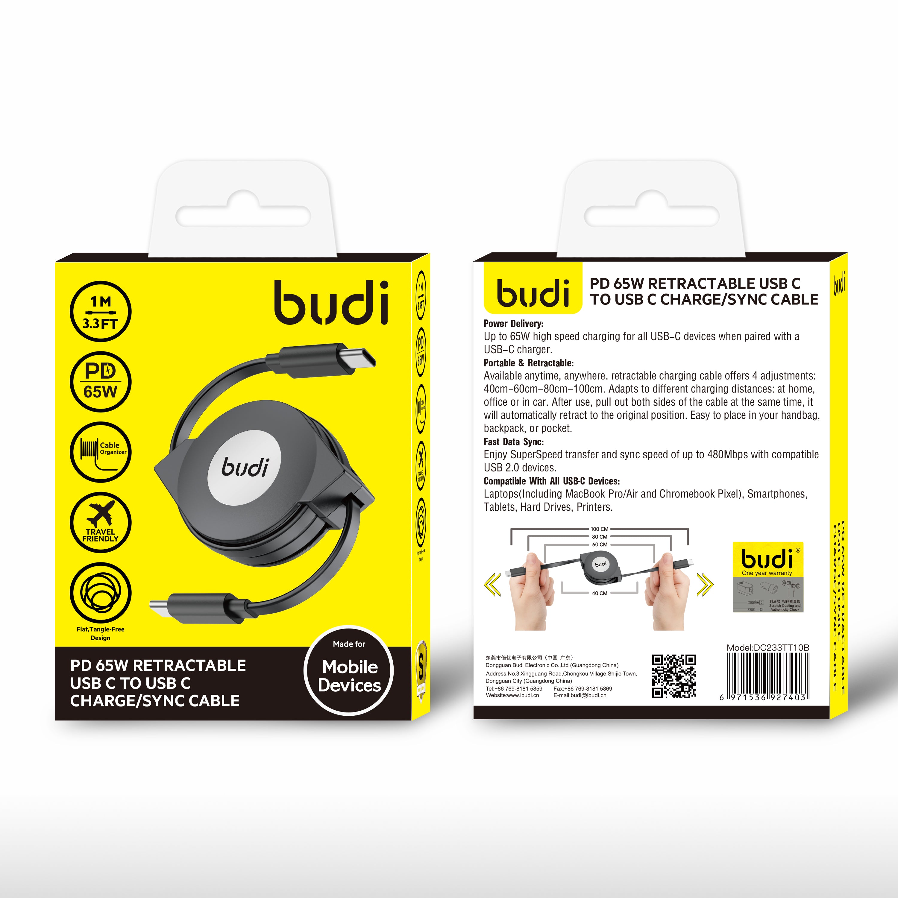 Budi PD 20W/65W Retractable USB C Cable