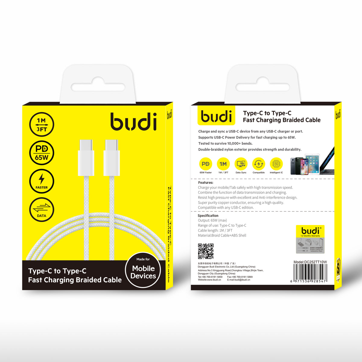Budi Type C TO Type C1M 65W PD Fast Charging Braided Cable