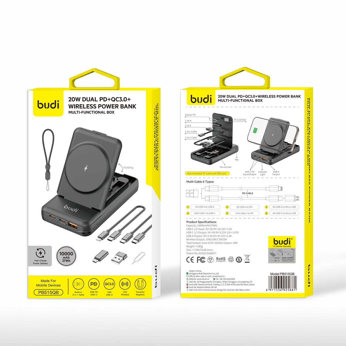 Budi 10000mAh power bank PD20W QC22.5W 15W wirelesss charger Led indicater iphone/micro/usb c