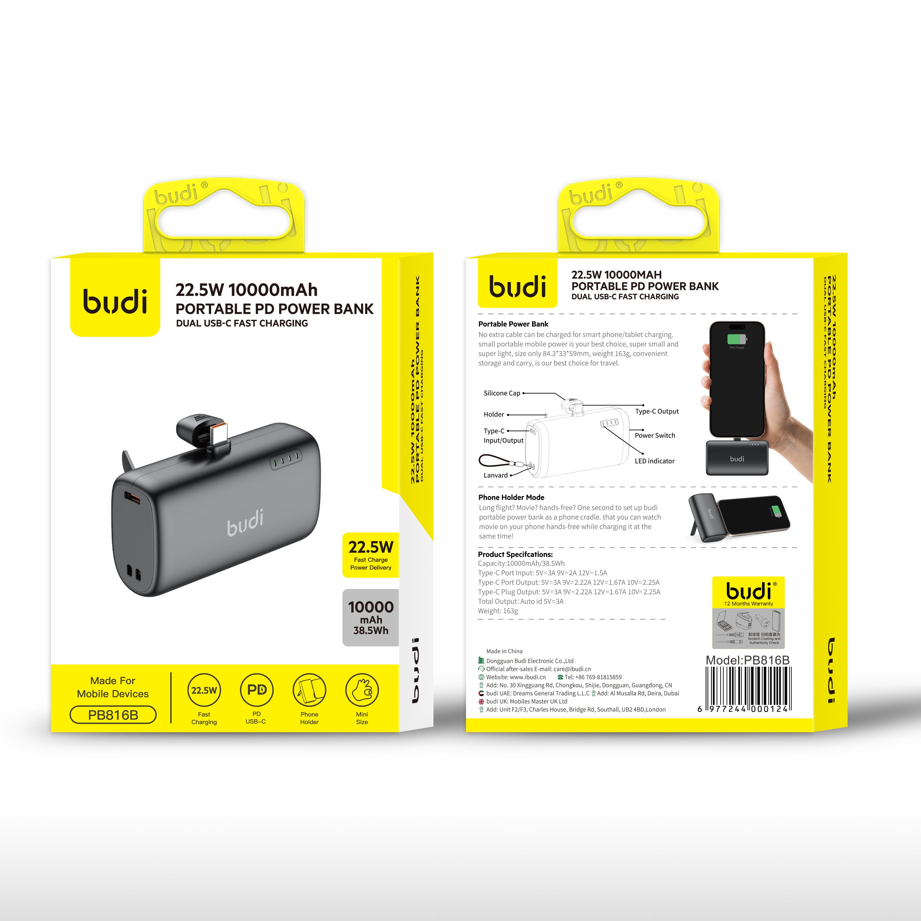 Budi 22.5W 10000 mAh Portable PD Power Bank Dual USB-C Fast Charging