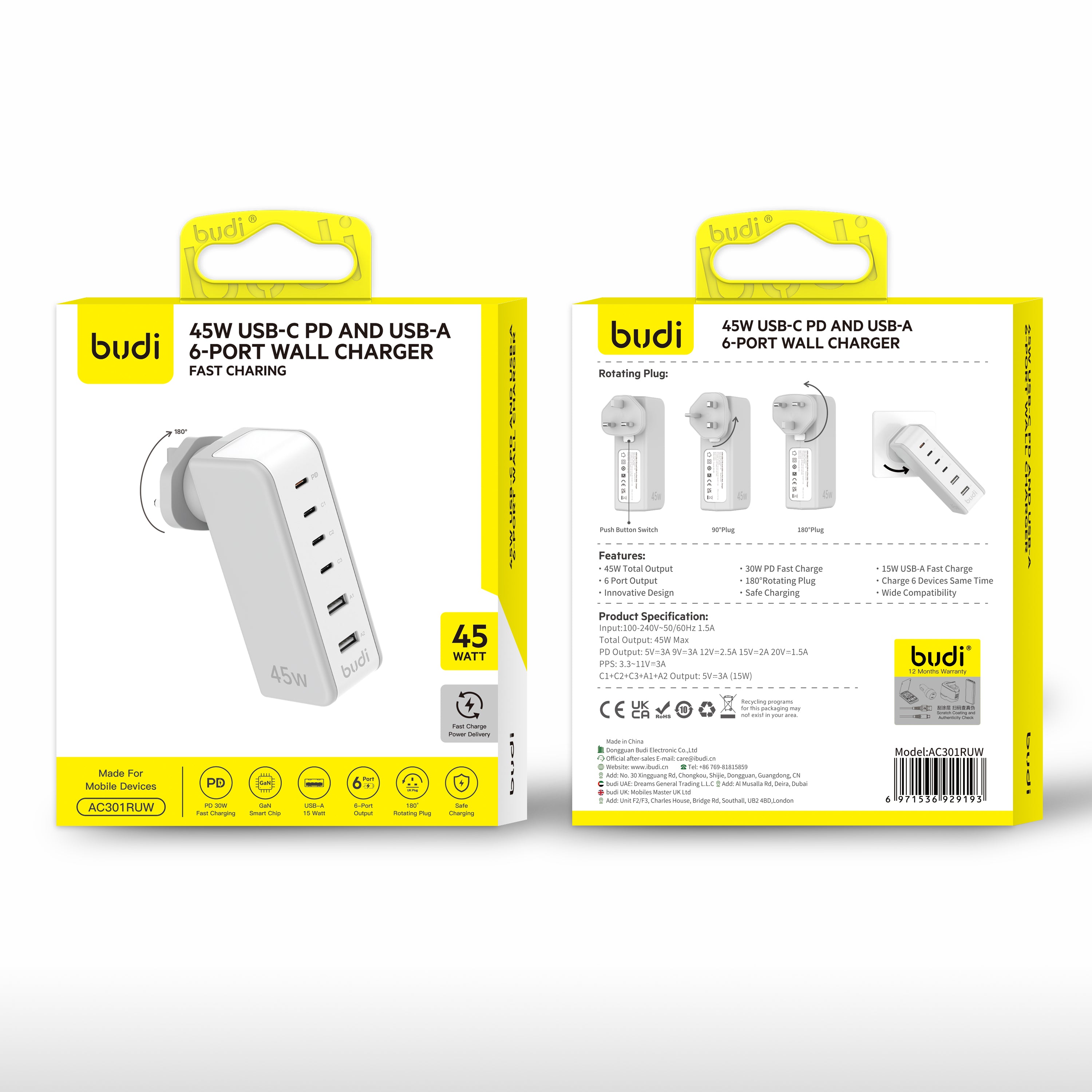 Budi 45W USB-C And USB-A 6 Port Wall Charger