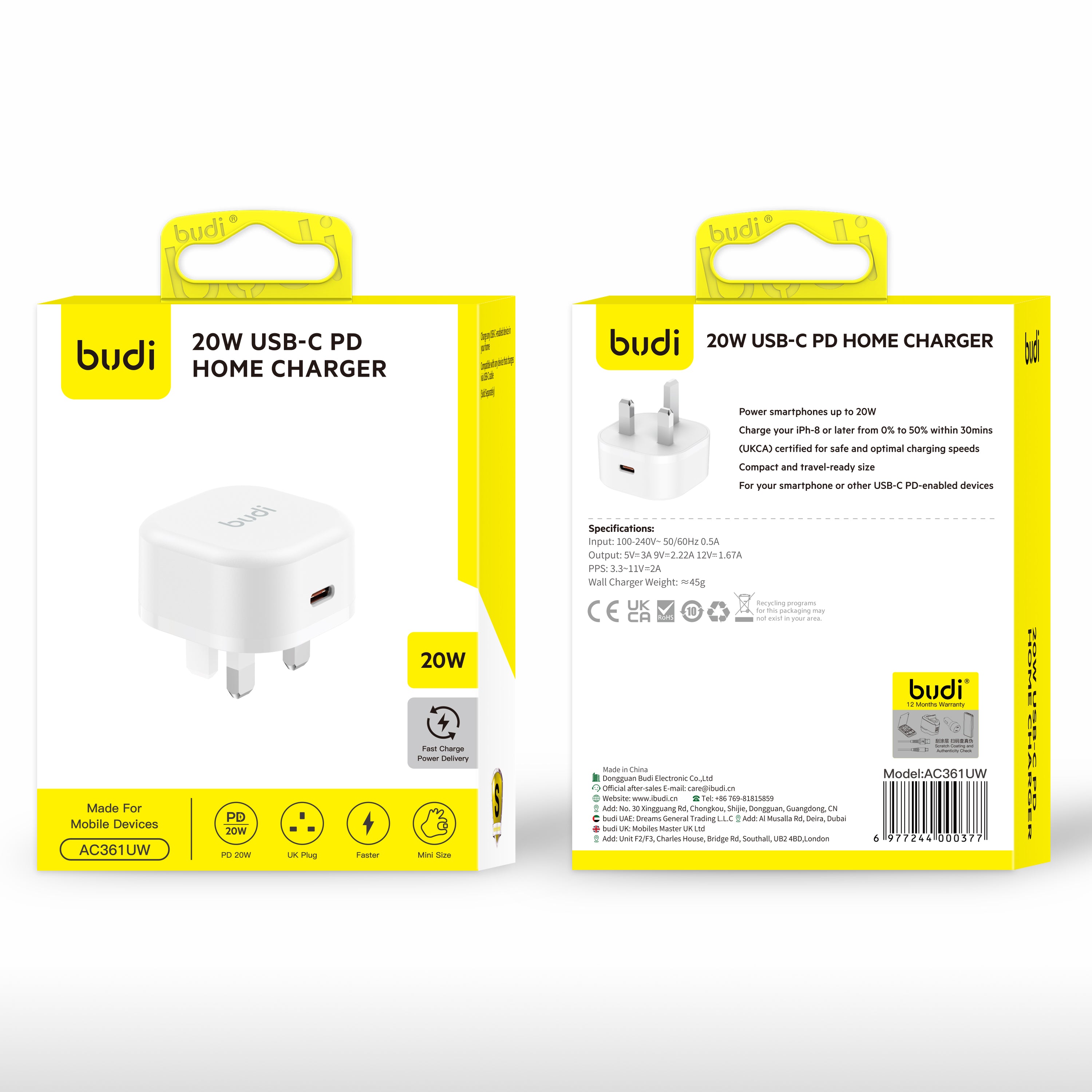 Budi PD20W USB -C PD Home Charger Premium Packing