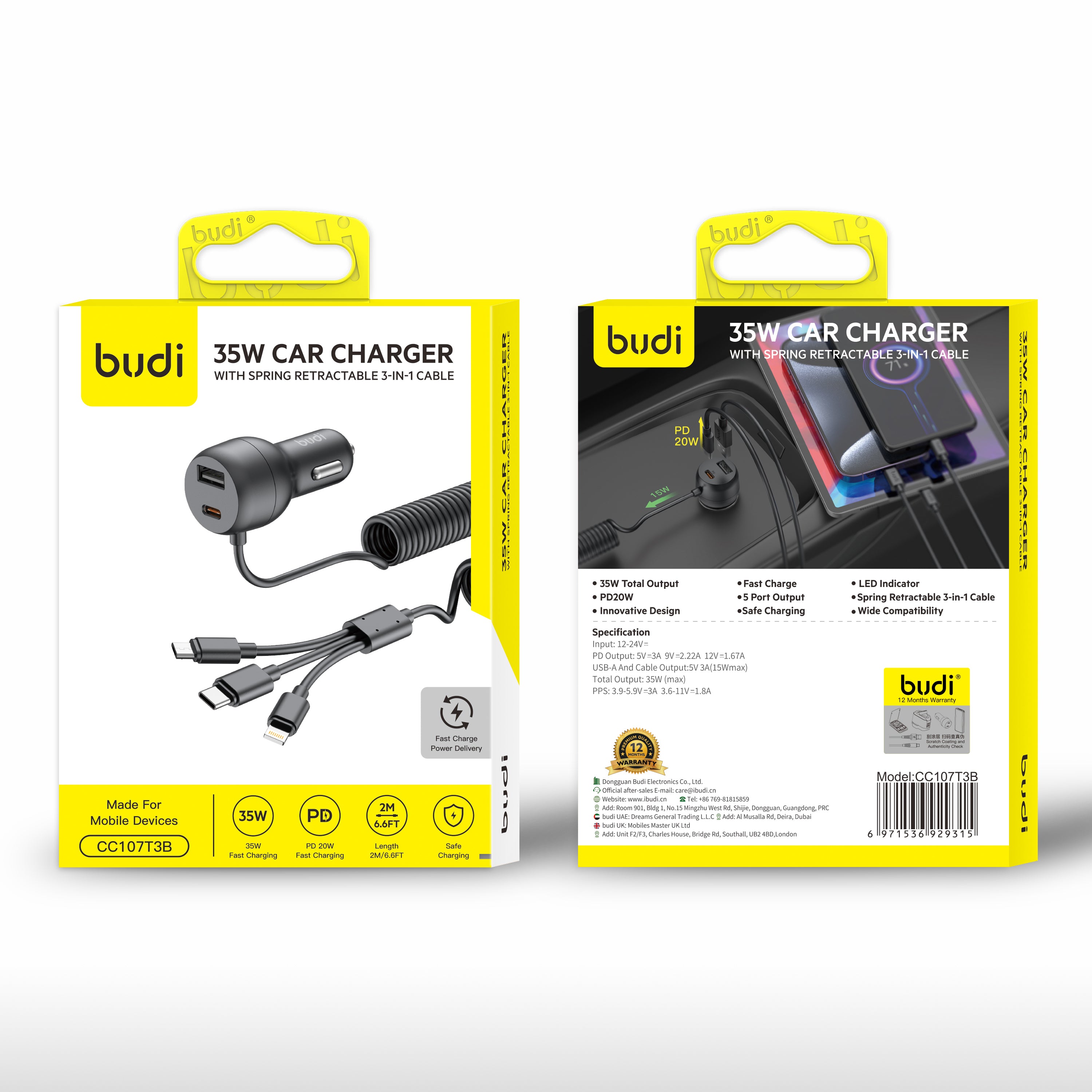 Budi 35W Car Charger Spring Retractable 3in1 Cable PD