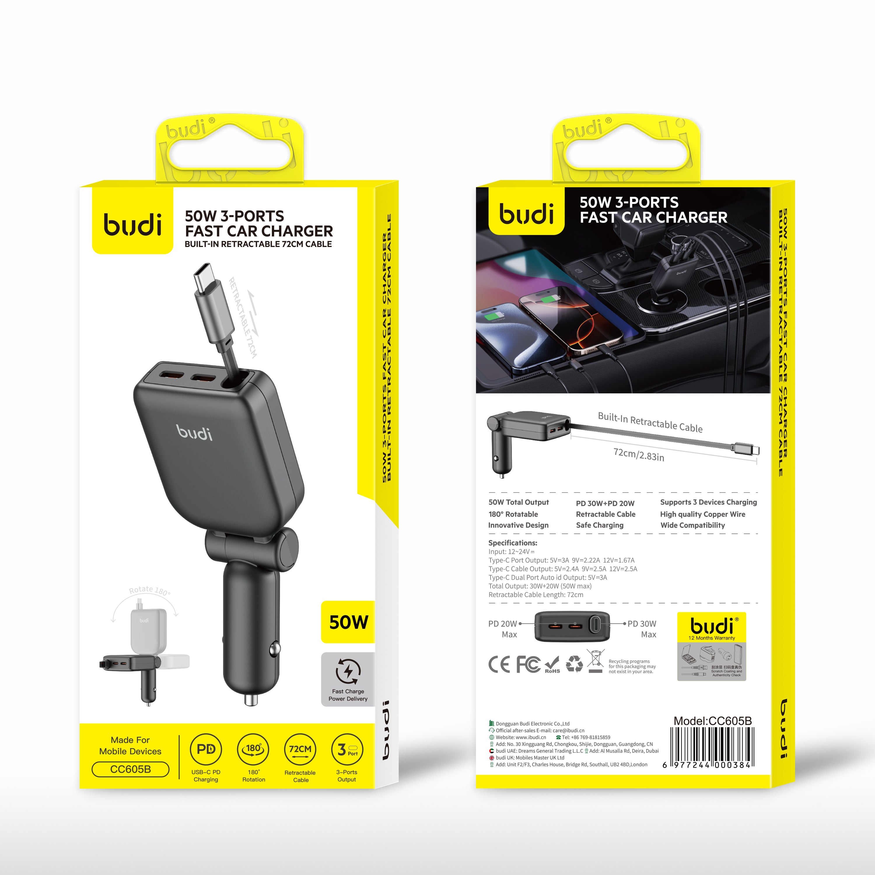 Budi 50W 3 Ports Fast Car Charger +72cm Retractable T.C Cable