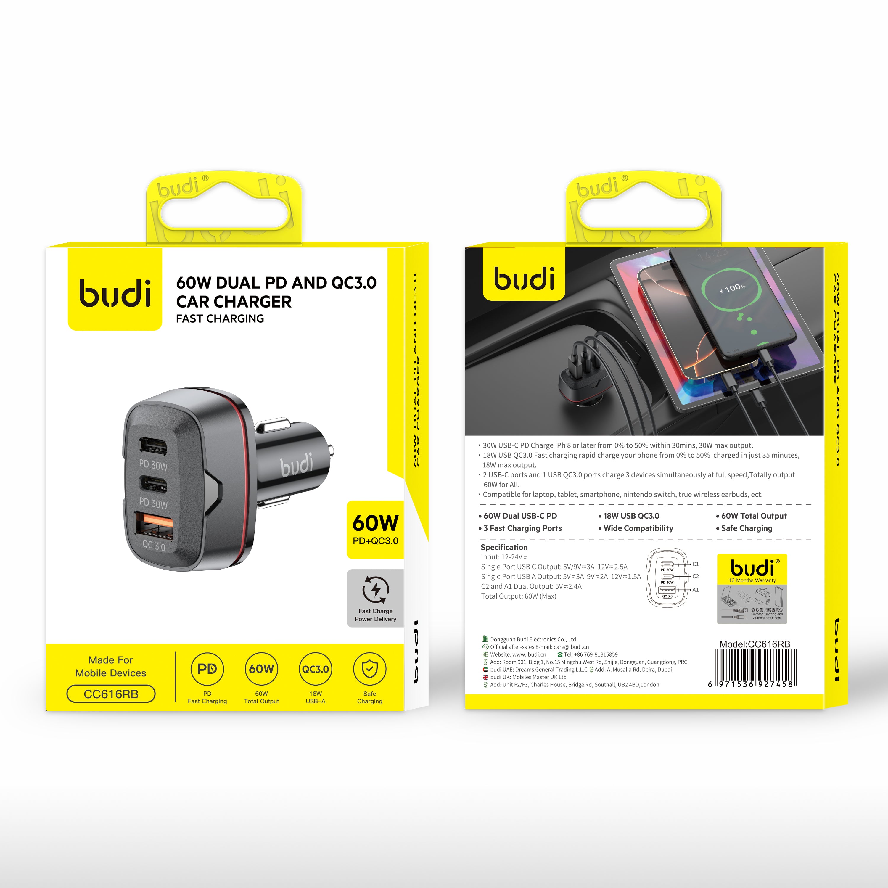 Budi PD60W/2C+QC1 8W/1U Car Charger