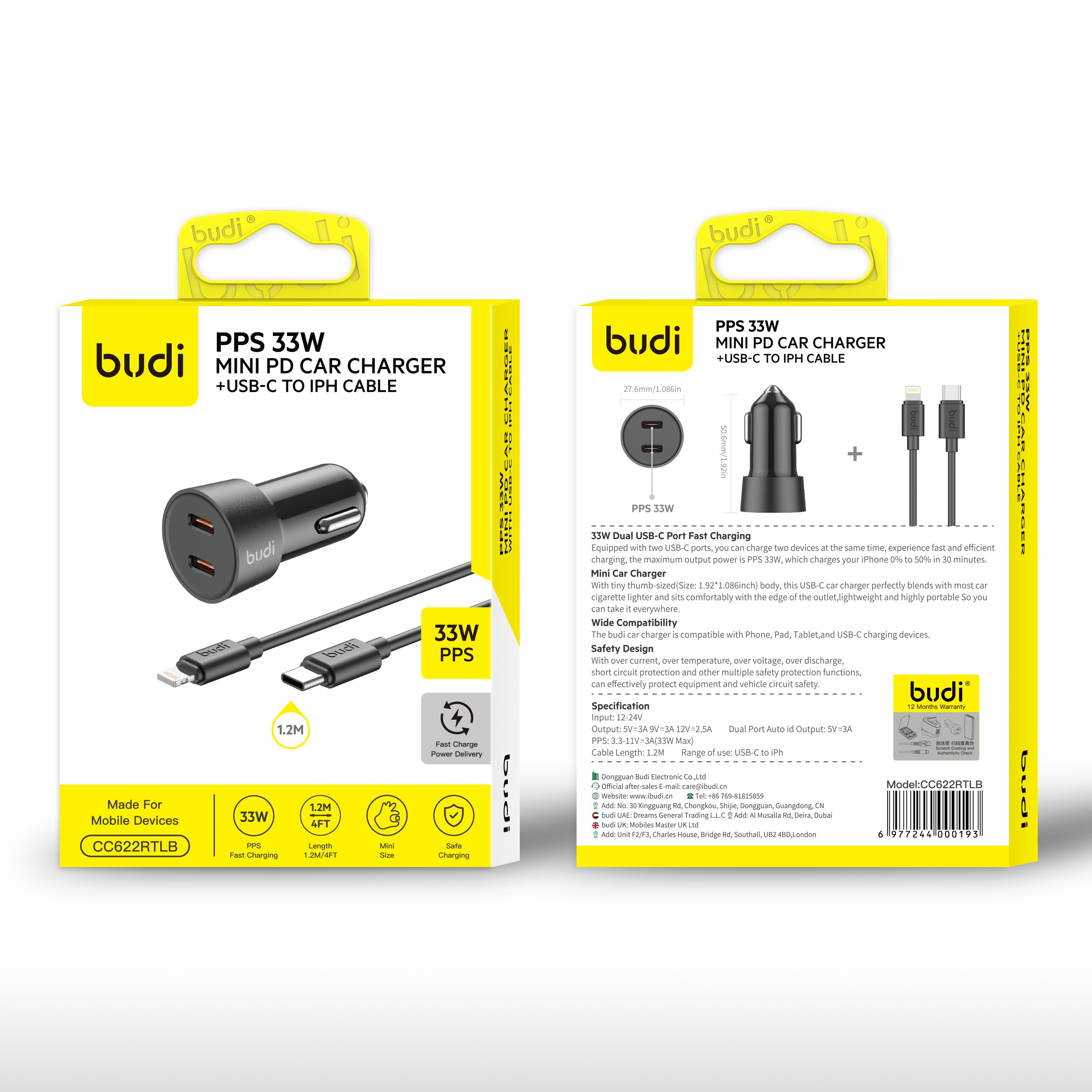 Budi PPS33W Mini 2 PD Car Charger With C-L Cable