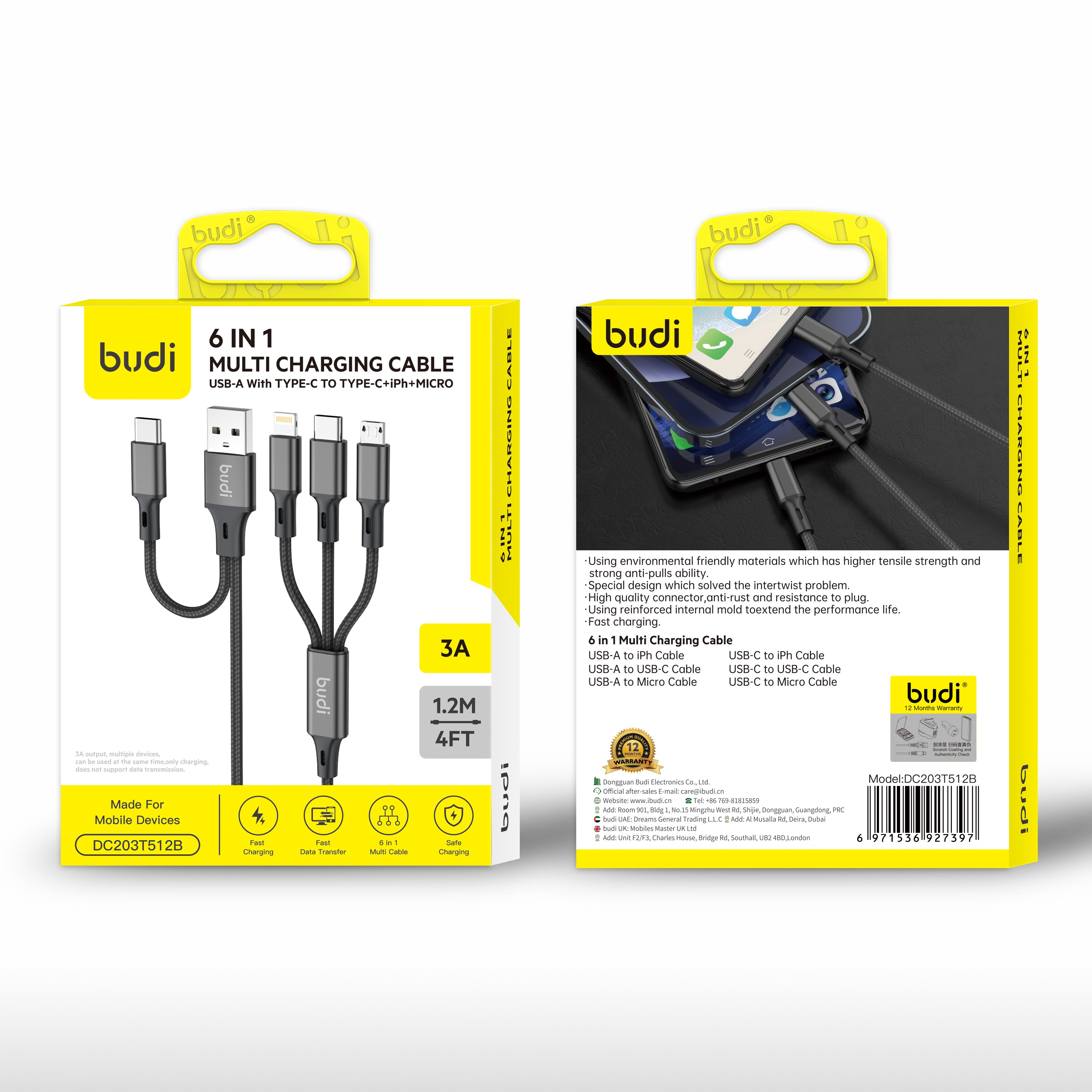 Budi 3 in 1 Cable 2.4A Braided Shell