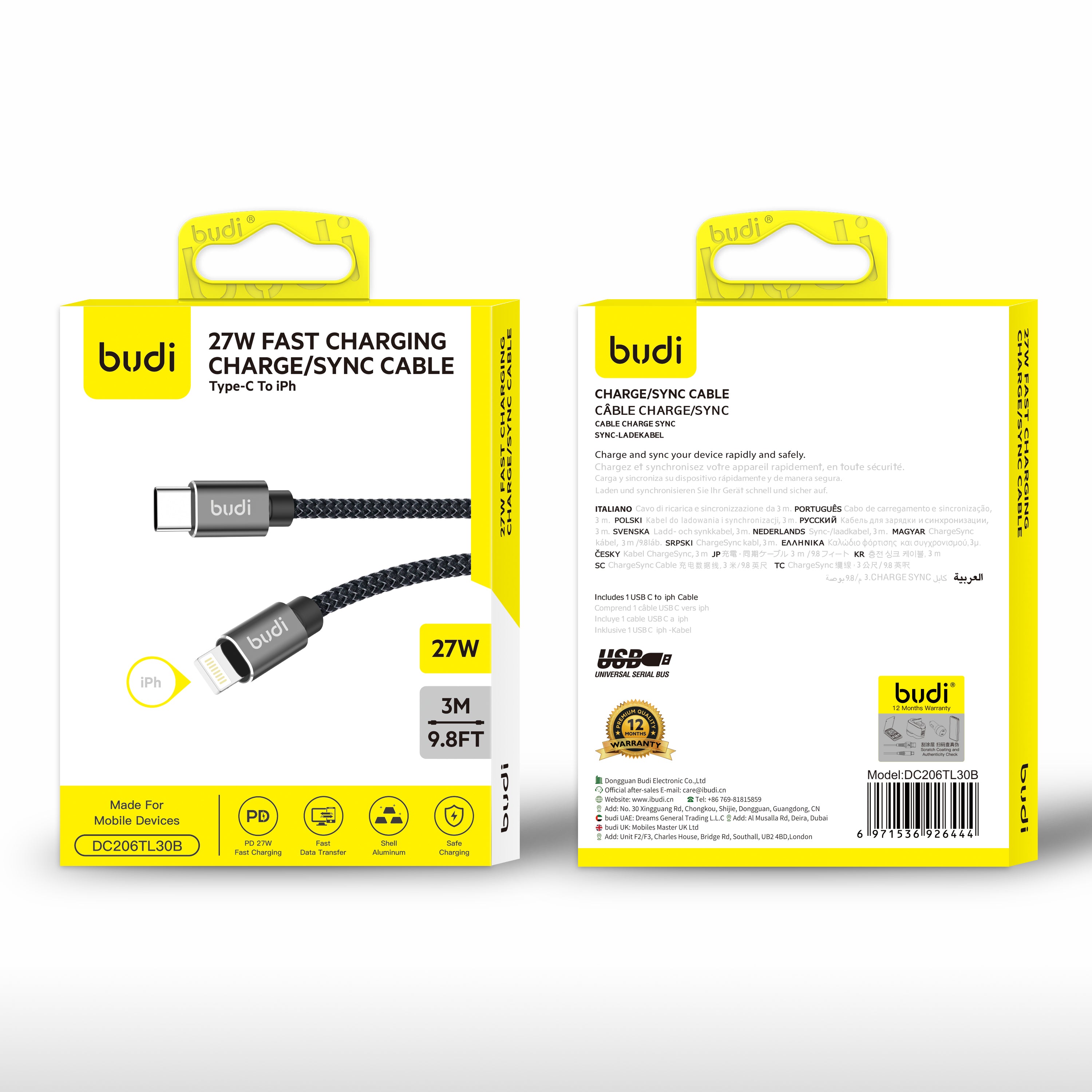 Budi 3M C-L PD27W Braided Cable