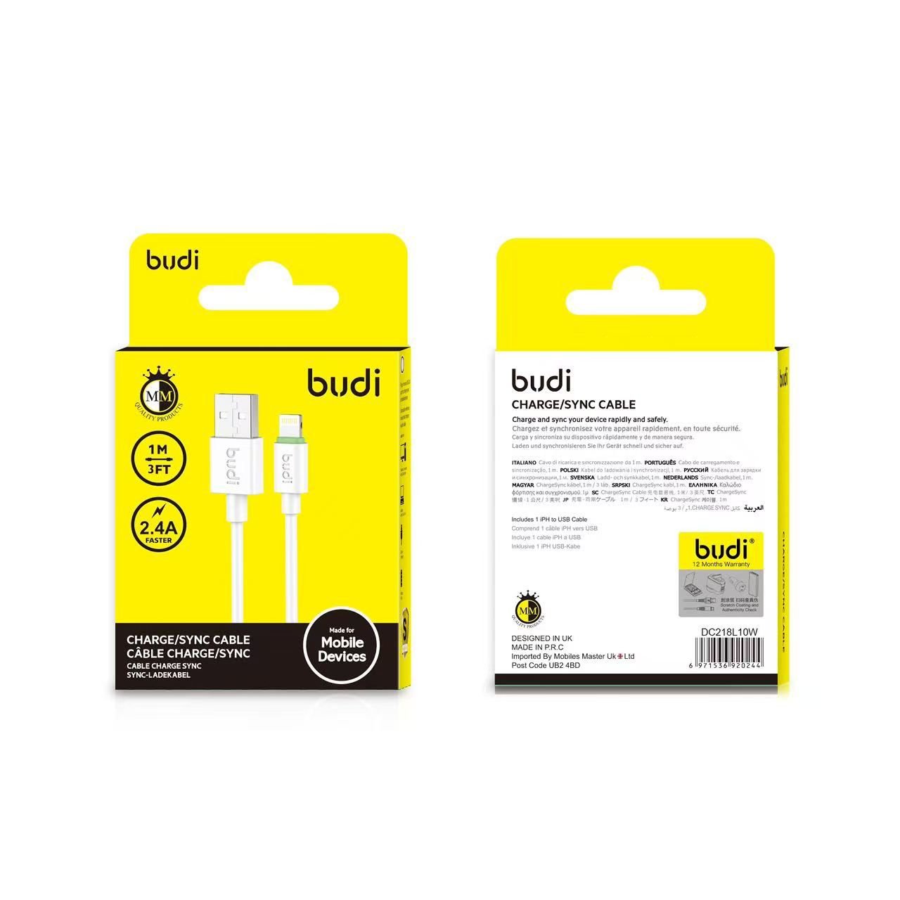 Budi 1M USB to L Cable 2.4A White