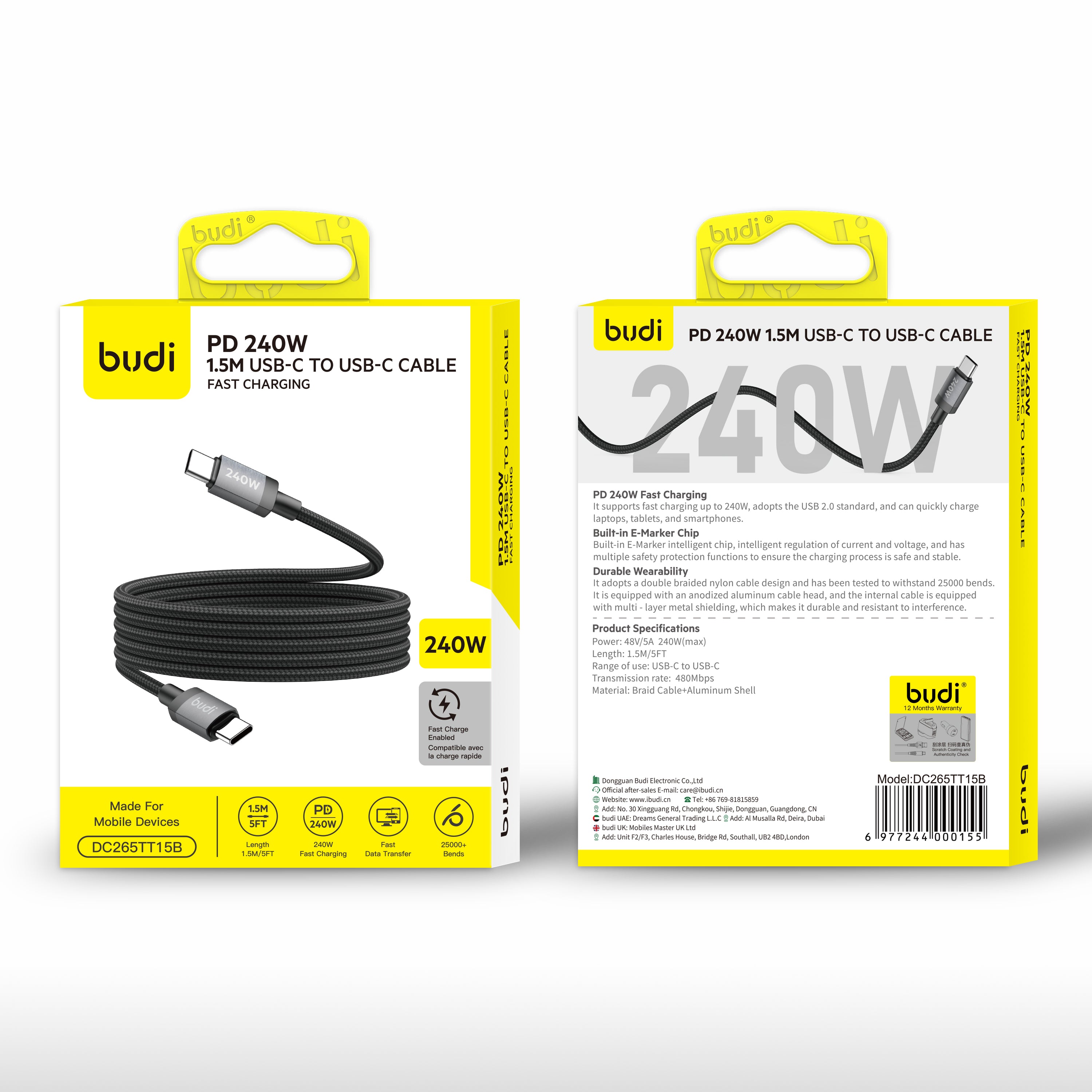 Budi 1.5M C-C PD240W Braided Cable