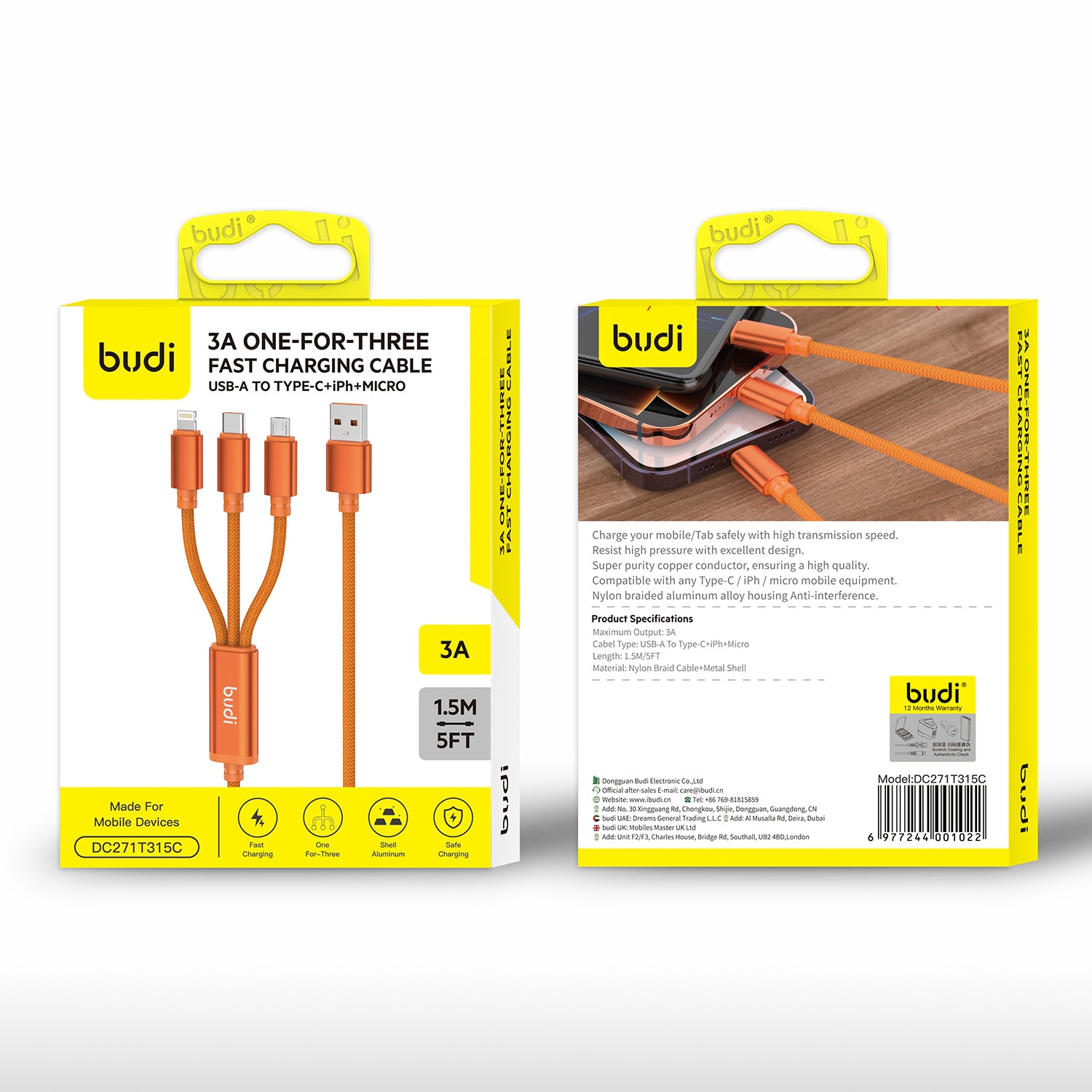 Budi 3 in 1 3A Fast Charging Cable