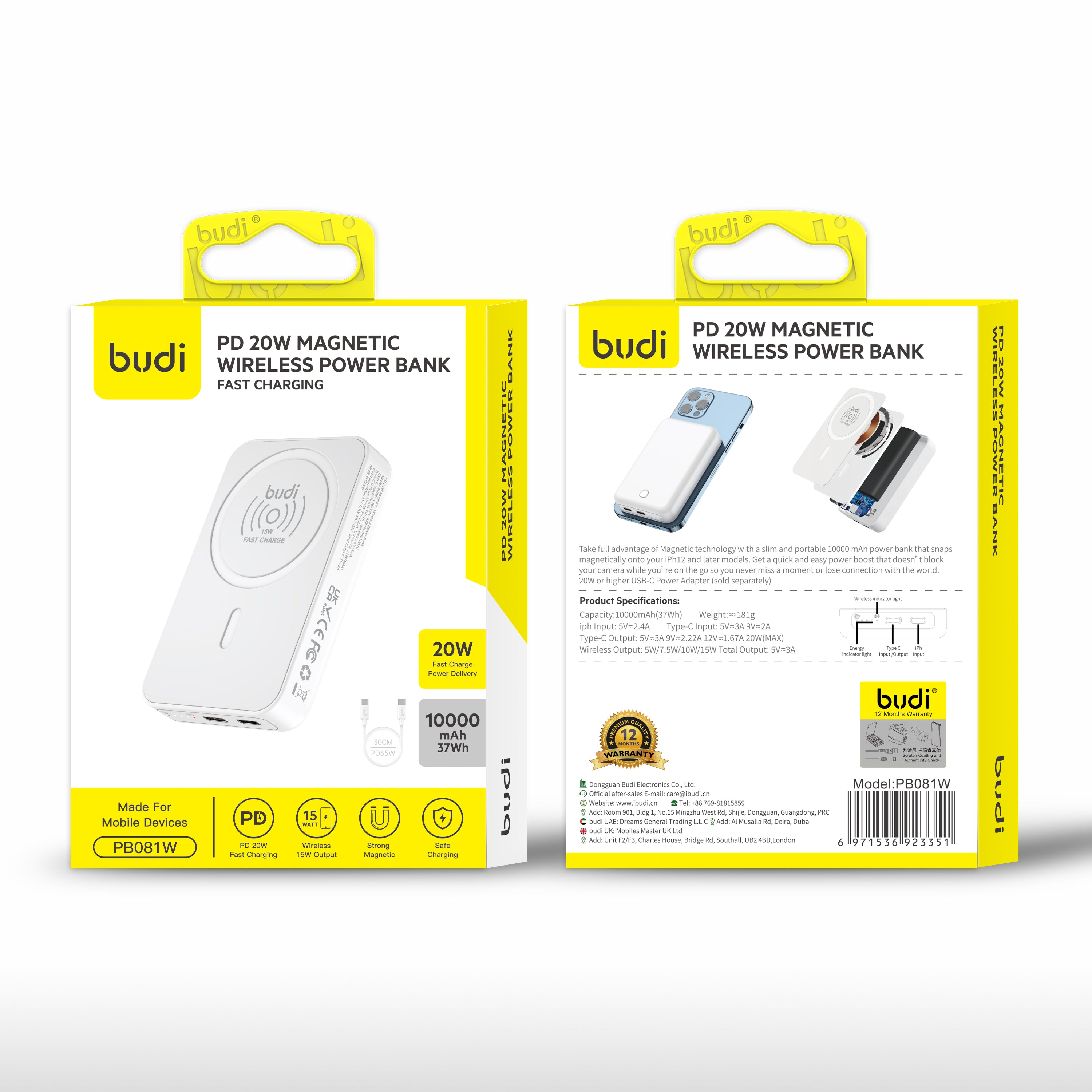 Budi 10000mAh 20W Magnetic 15W Wireless Power Bank