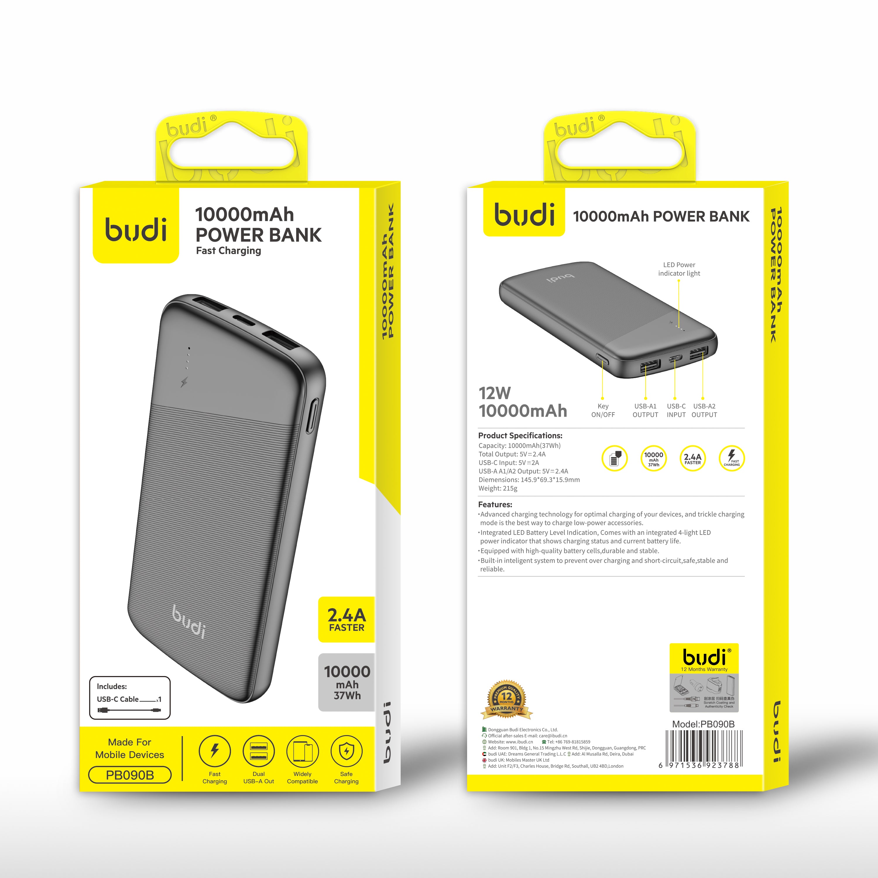 Budi 10000mAh Dual USB Pocket Power Bank 2.4A