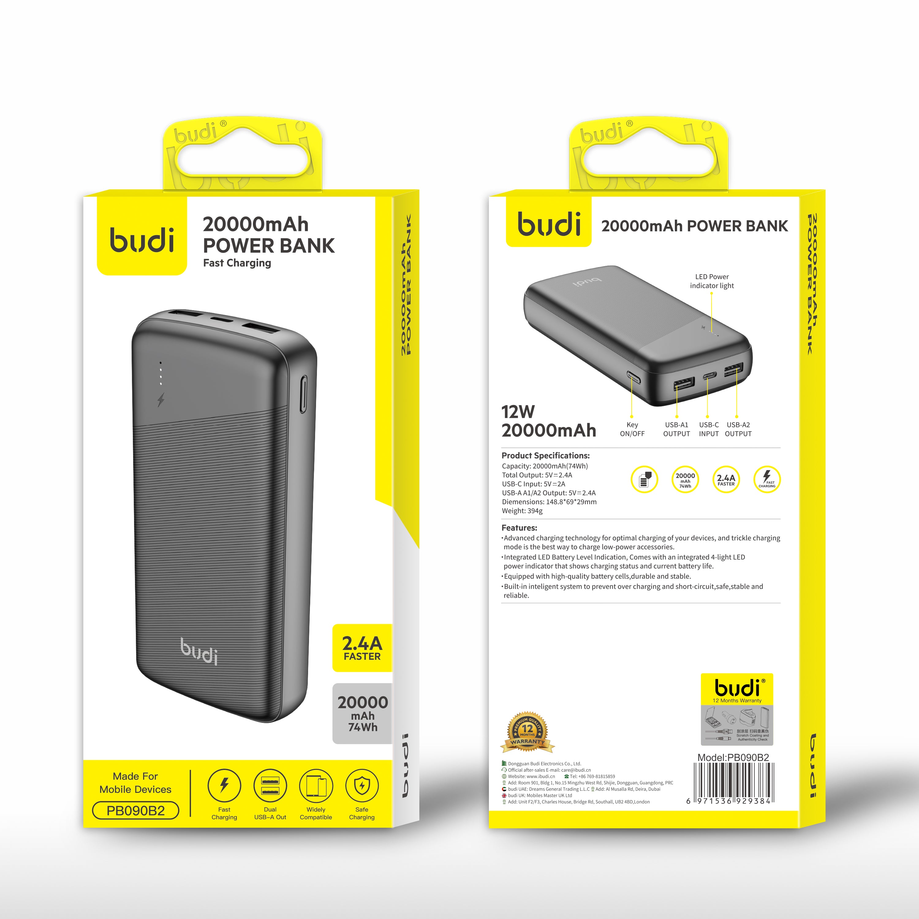 Budi 20000mAh Dual USB Pocket Power Bank 2.4A