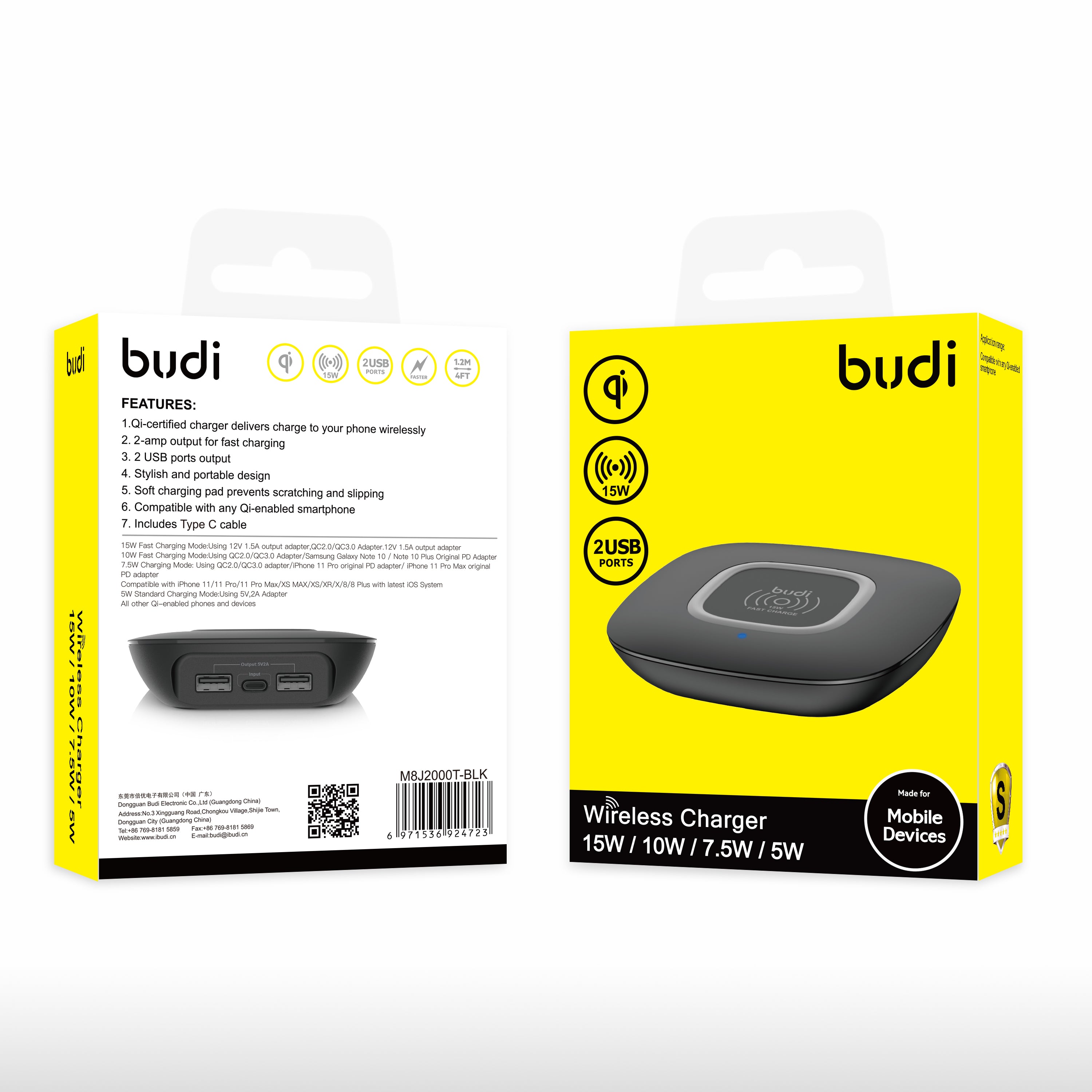 Budi 15W Wireless Charger 2 USB Ports - USB C Ports Input