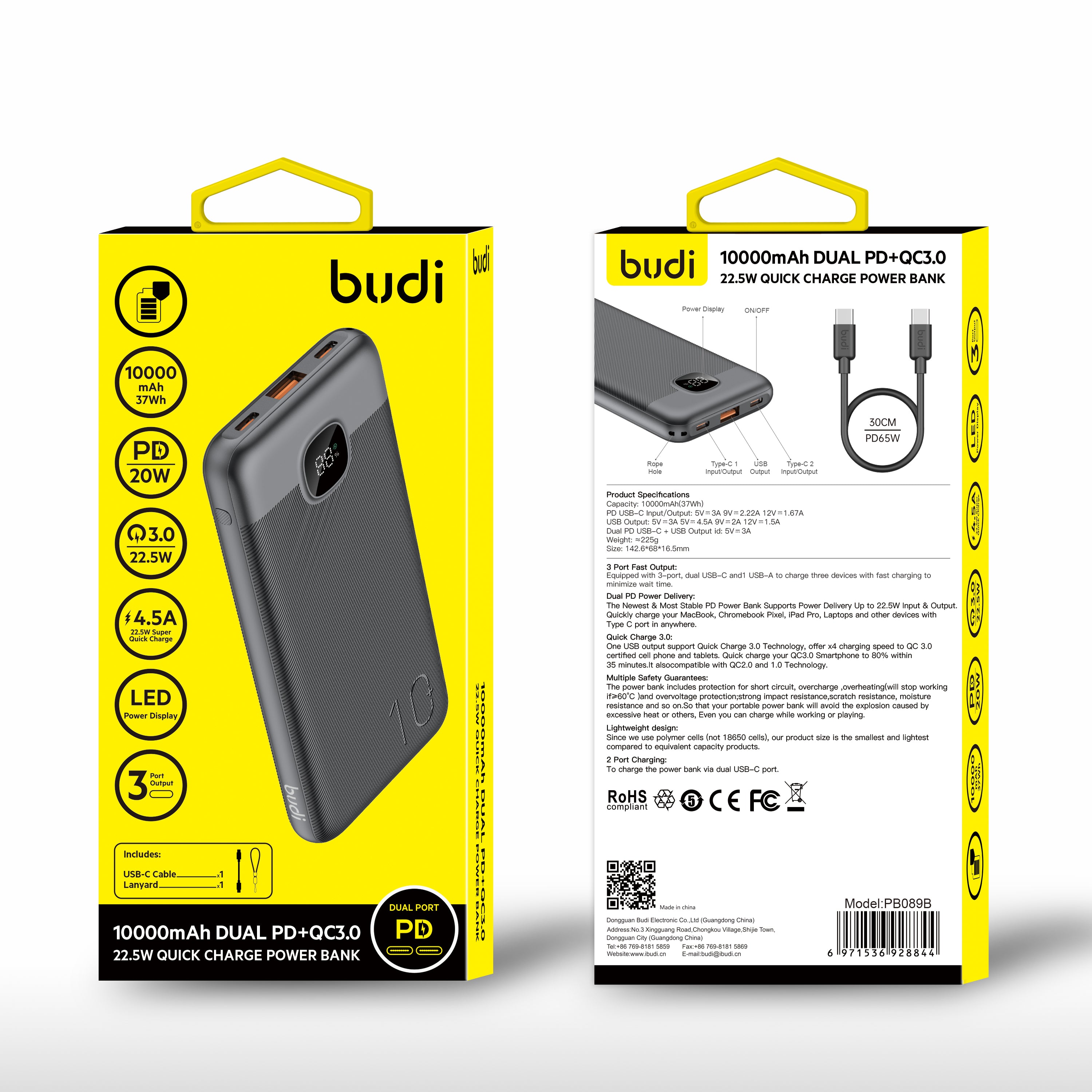 Budi BUDI 10000mAh DUAL PD PORT 22.5W QUICK CHARGING POWER BANK