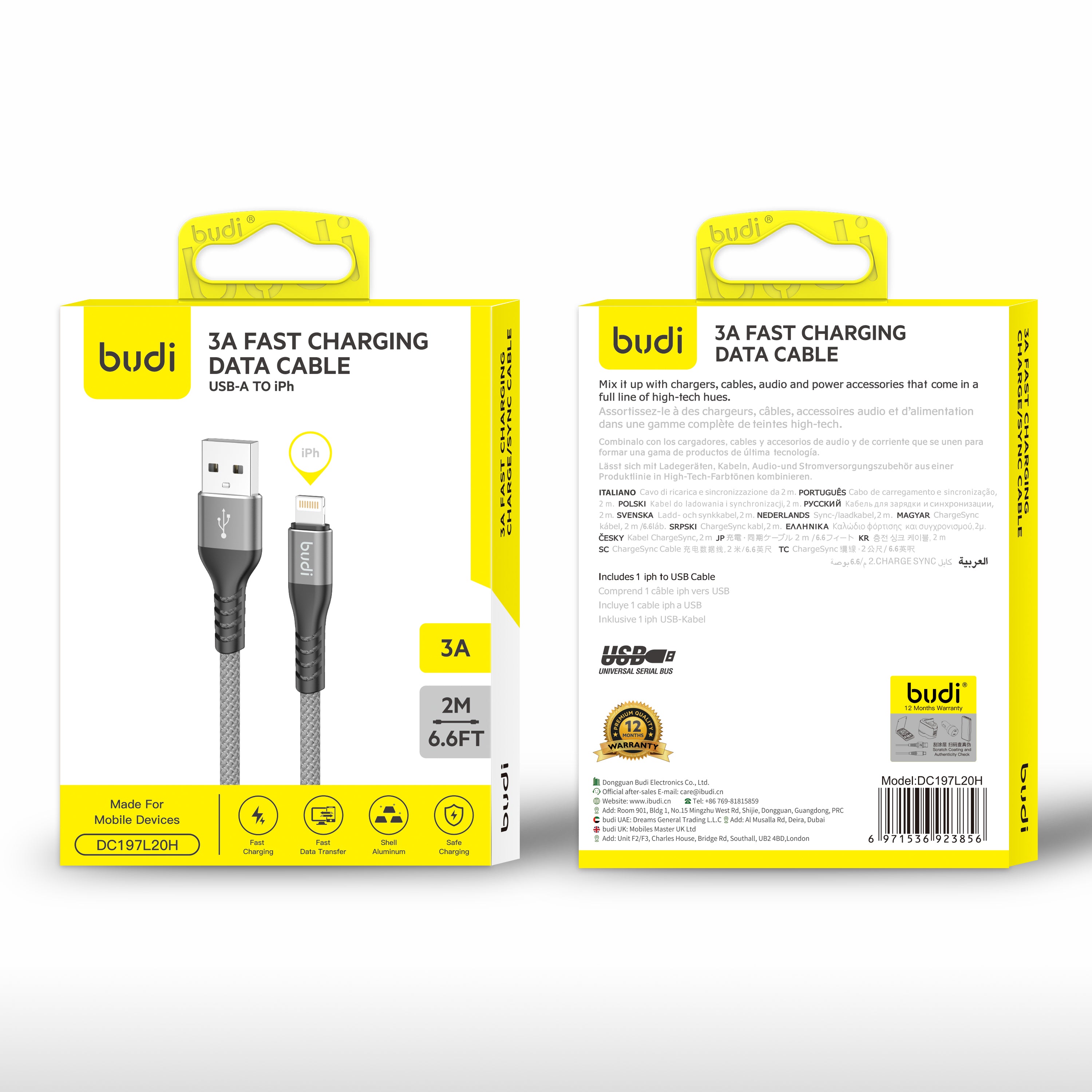 usb to type C/iphone/micro sync/charge cable 2.4A 2m Braid cable Metal shell DC197L20H