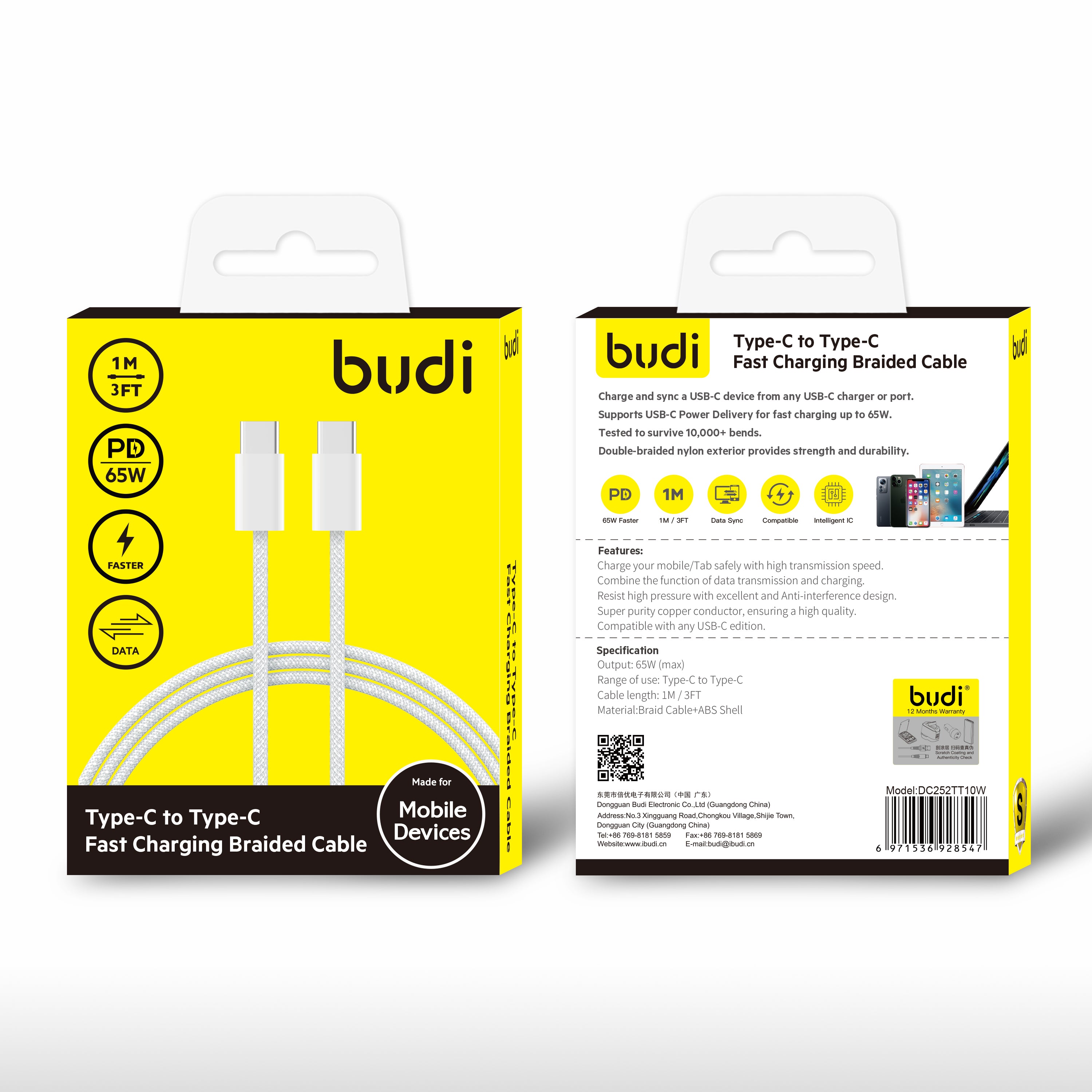 Budi Type C TO Type C1M 65W PD Fast Charging Braided Cable DC252TT10W