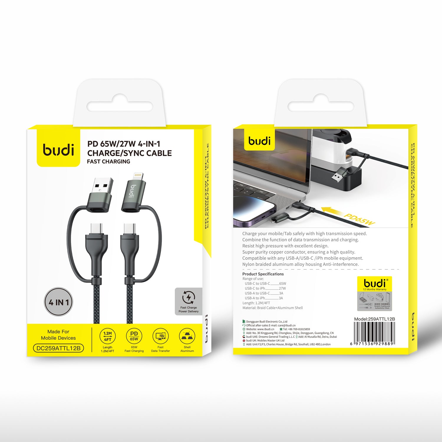 Budi 4 IN 1 PD 65W/27W USB Charge SYNC Cable