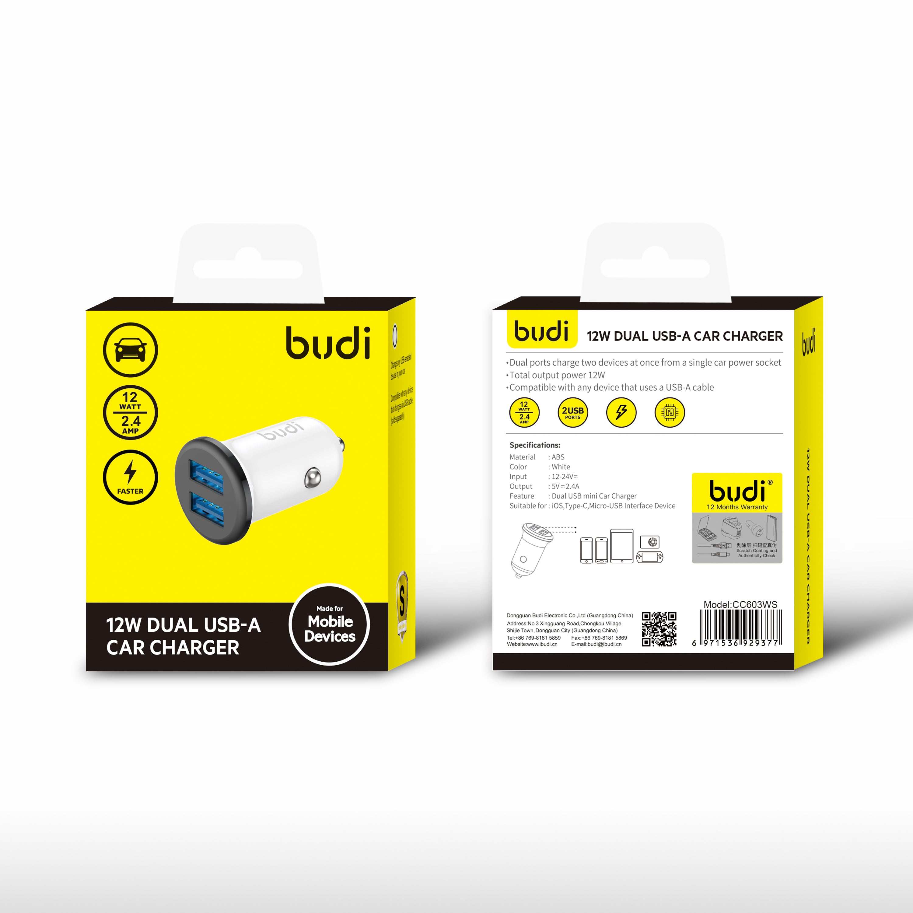 Budi 12W Dual USB-A Car Charger CC603WS