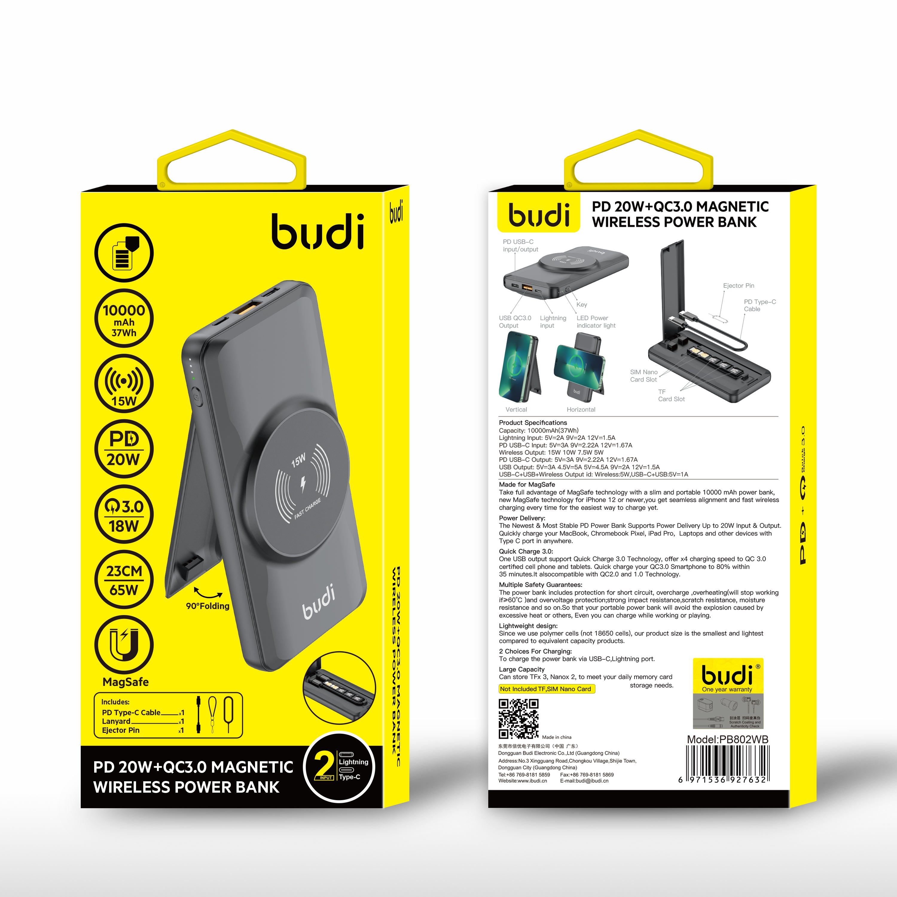 Budi 10000mAh PD20W+QC3.0 Magnetic Wireless Power Bank