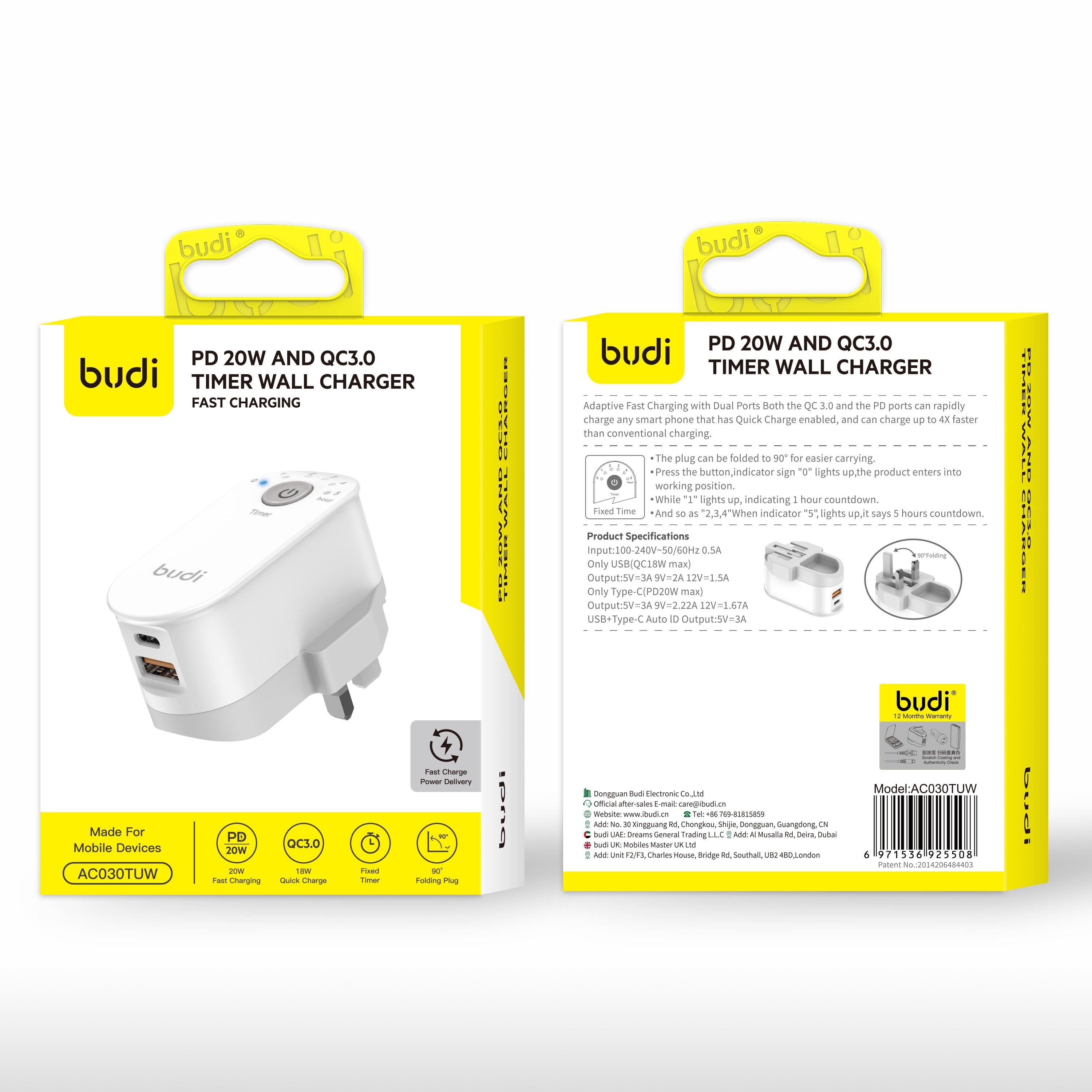 Budi PD20W And QC3.0 Timer Wall Charger