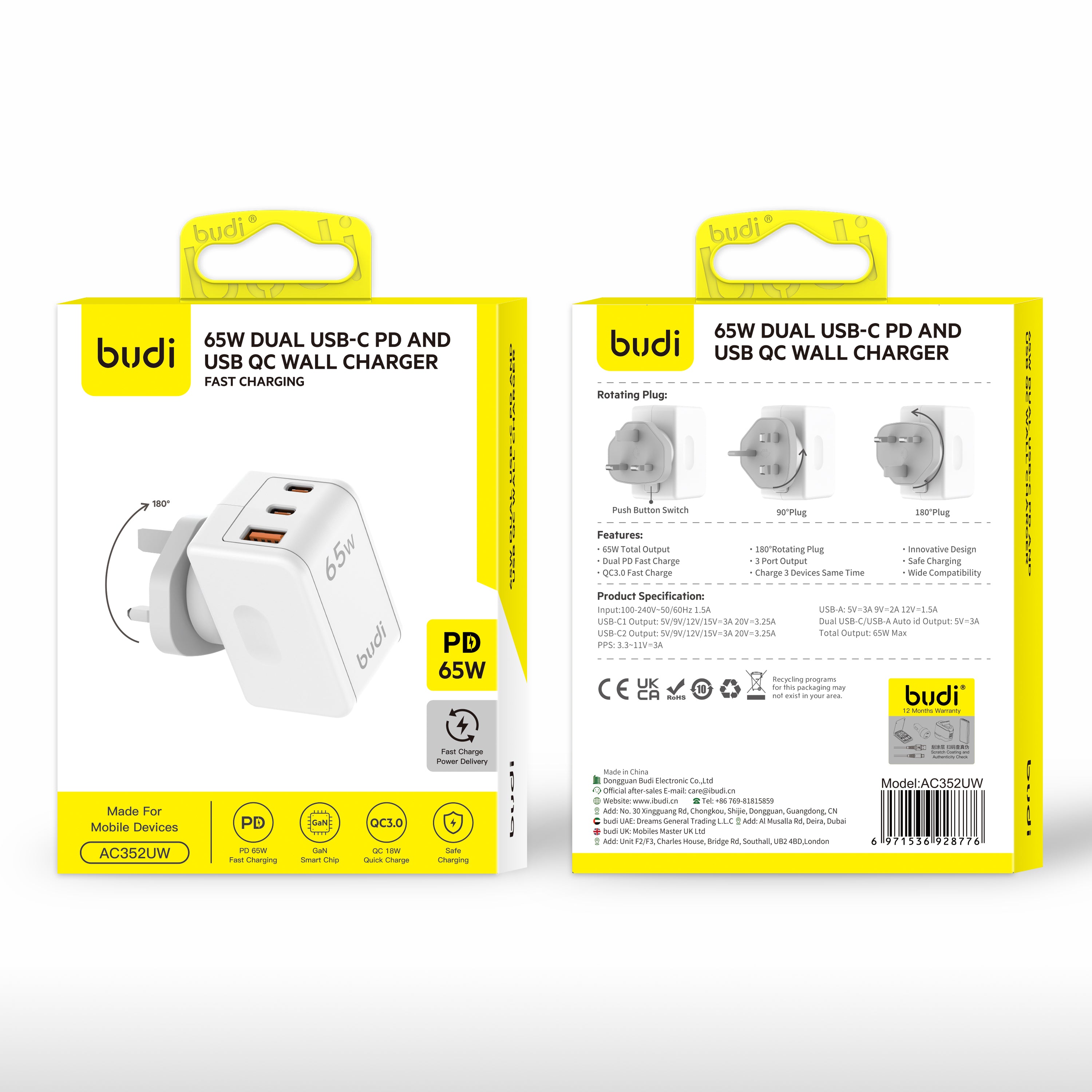 Budi PD65W Dual USB-C And USB-A QC Wall Charger