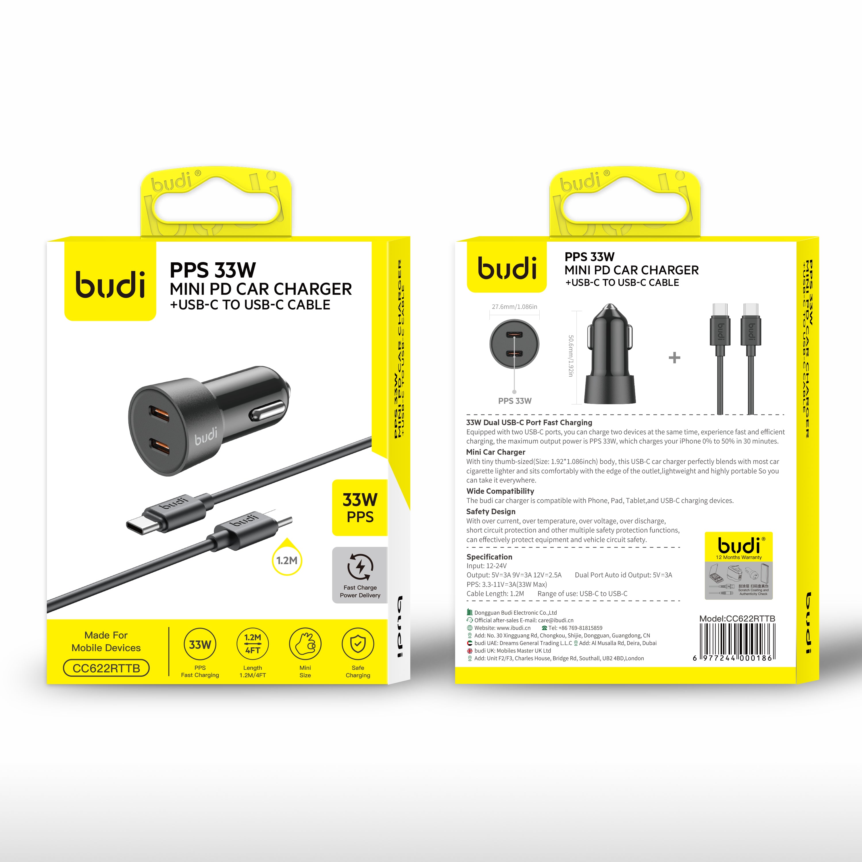 Budi PPS33W Mini 2 PD Car Charger With C-C Cable