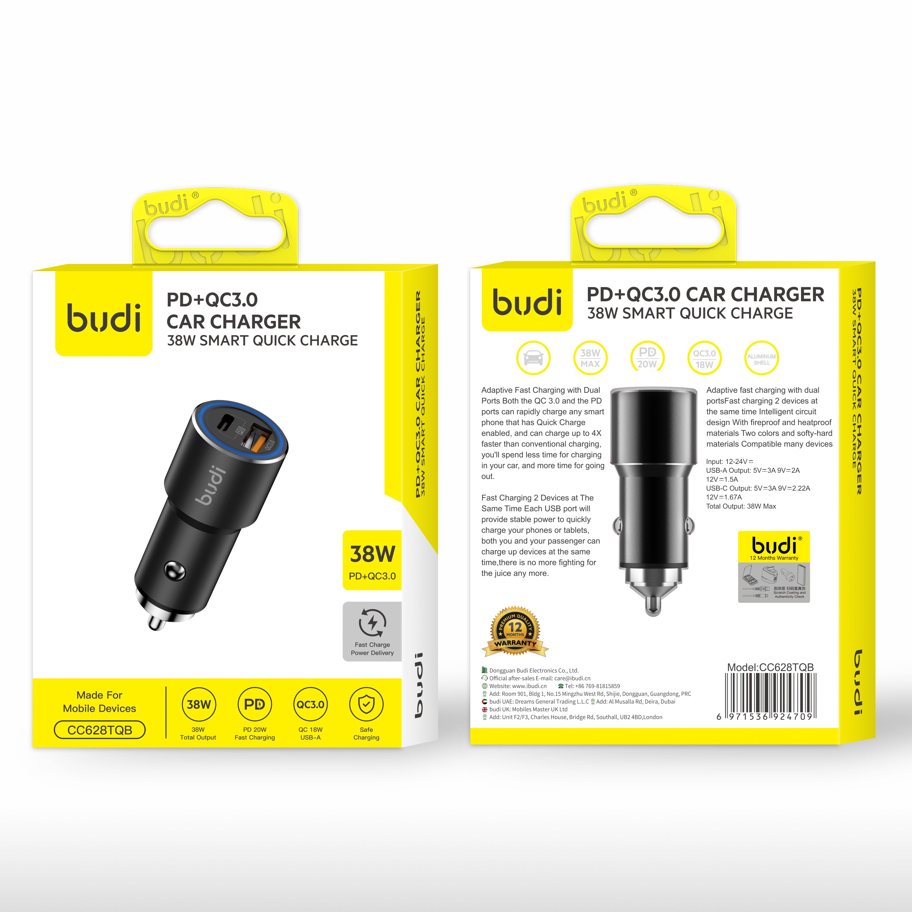 Budi 38W QC-18W-2 Ports Ring Led Indicator Aluminium