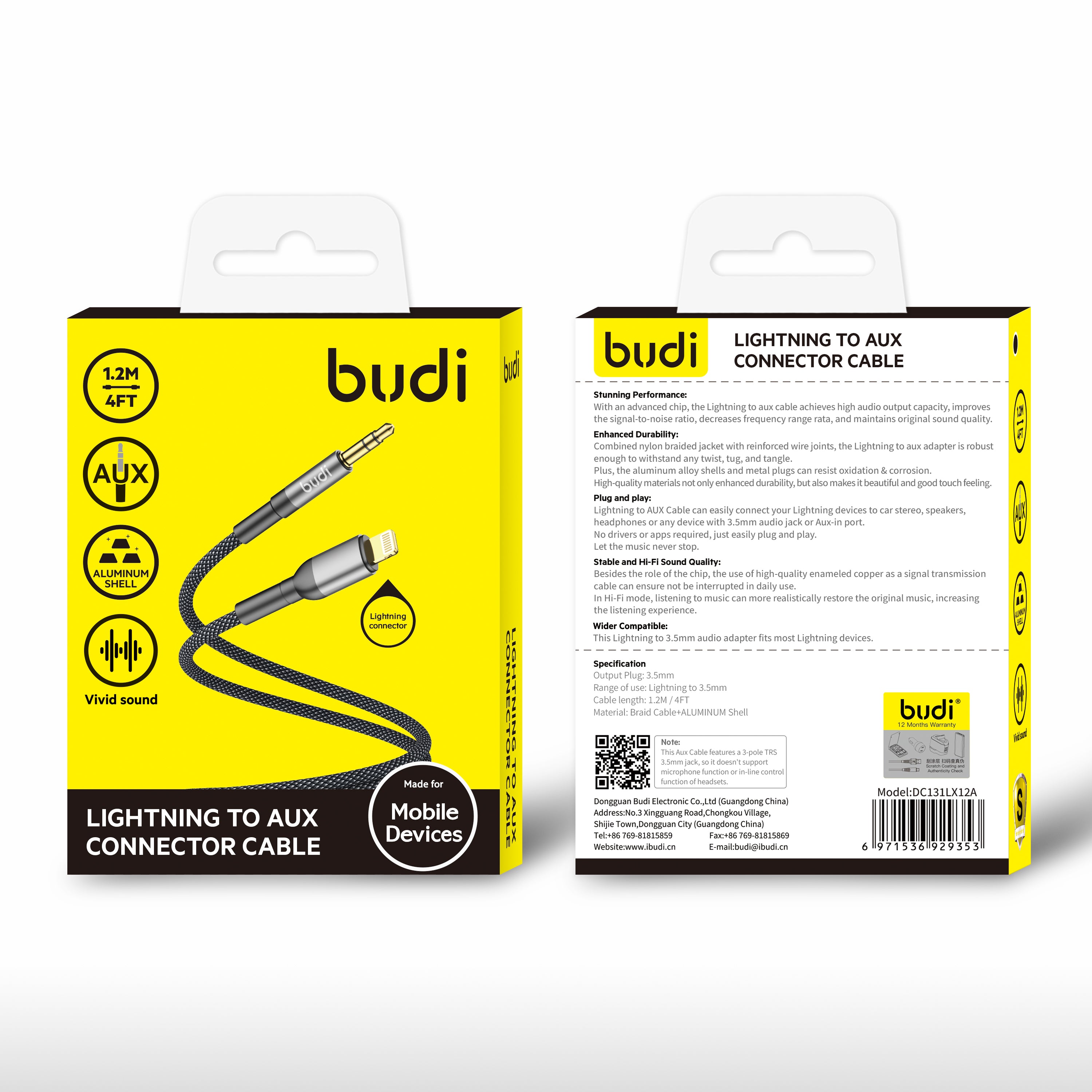 Budi 1.2M Lightning to Aux Connector Cable