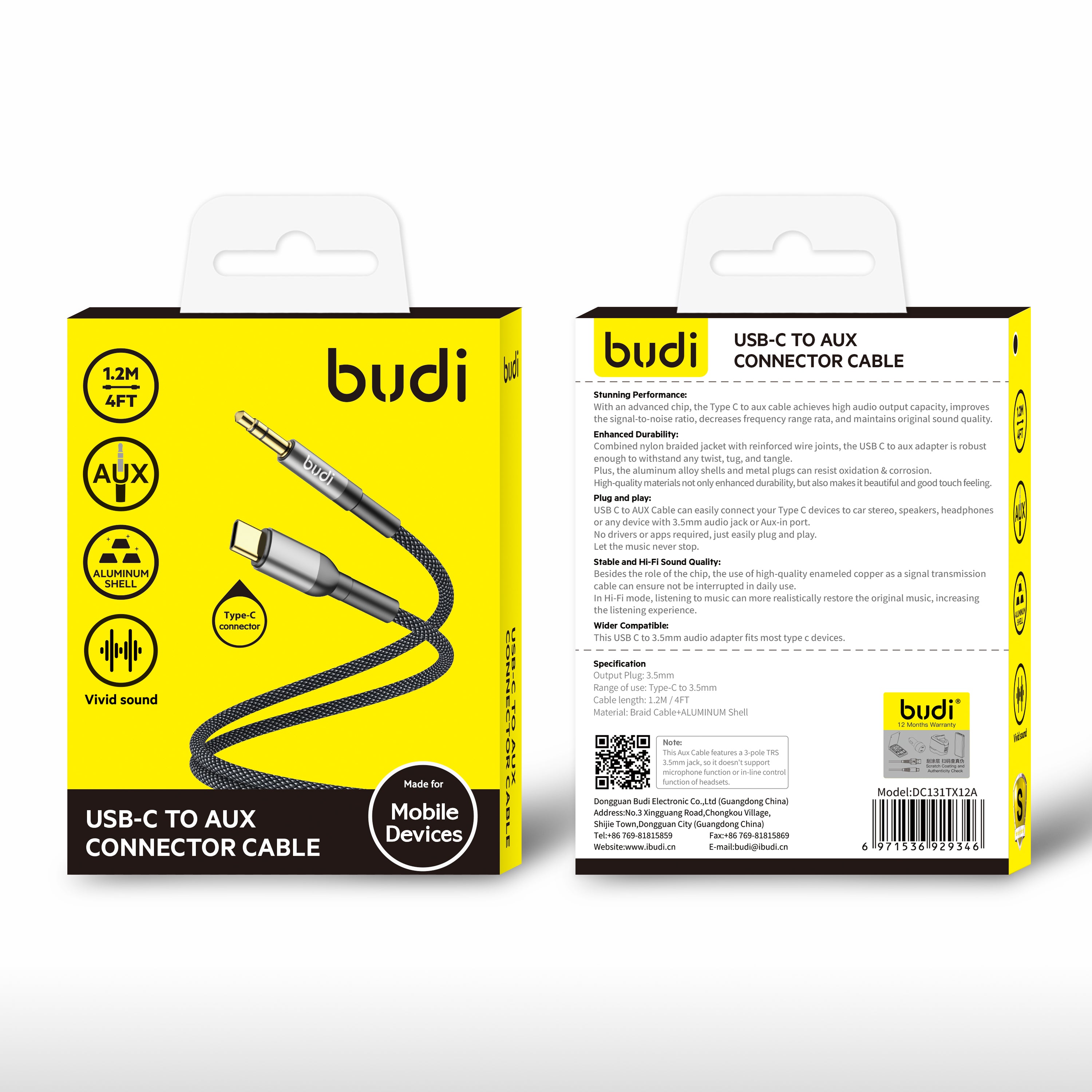 Budi 1.2M Type C to Aux Connector Cable