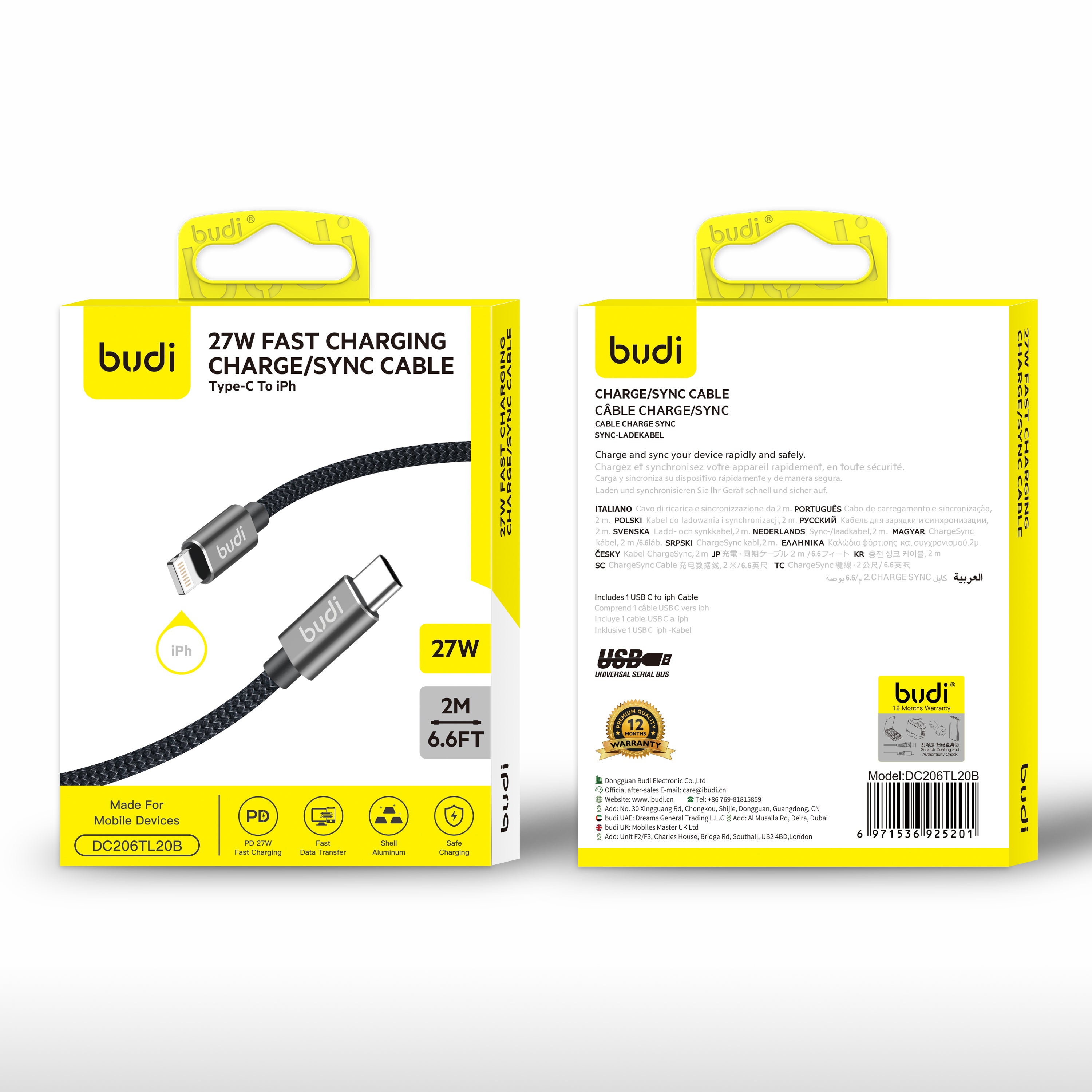 Budi 2M C-L PD27W Braided Cable