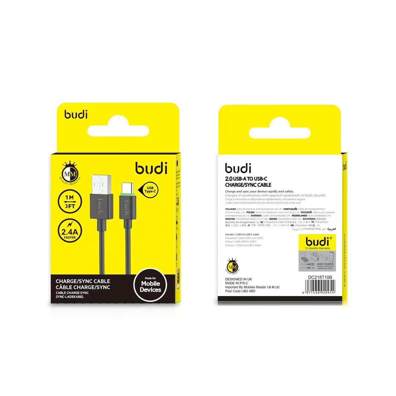 Budi 1M USB to C Cable 2.4A Black