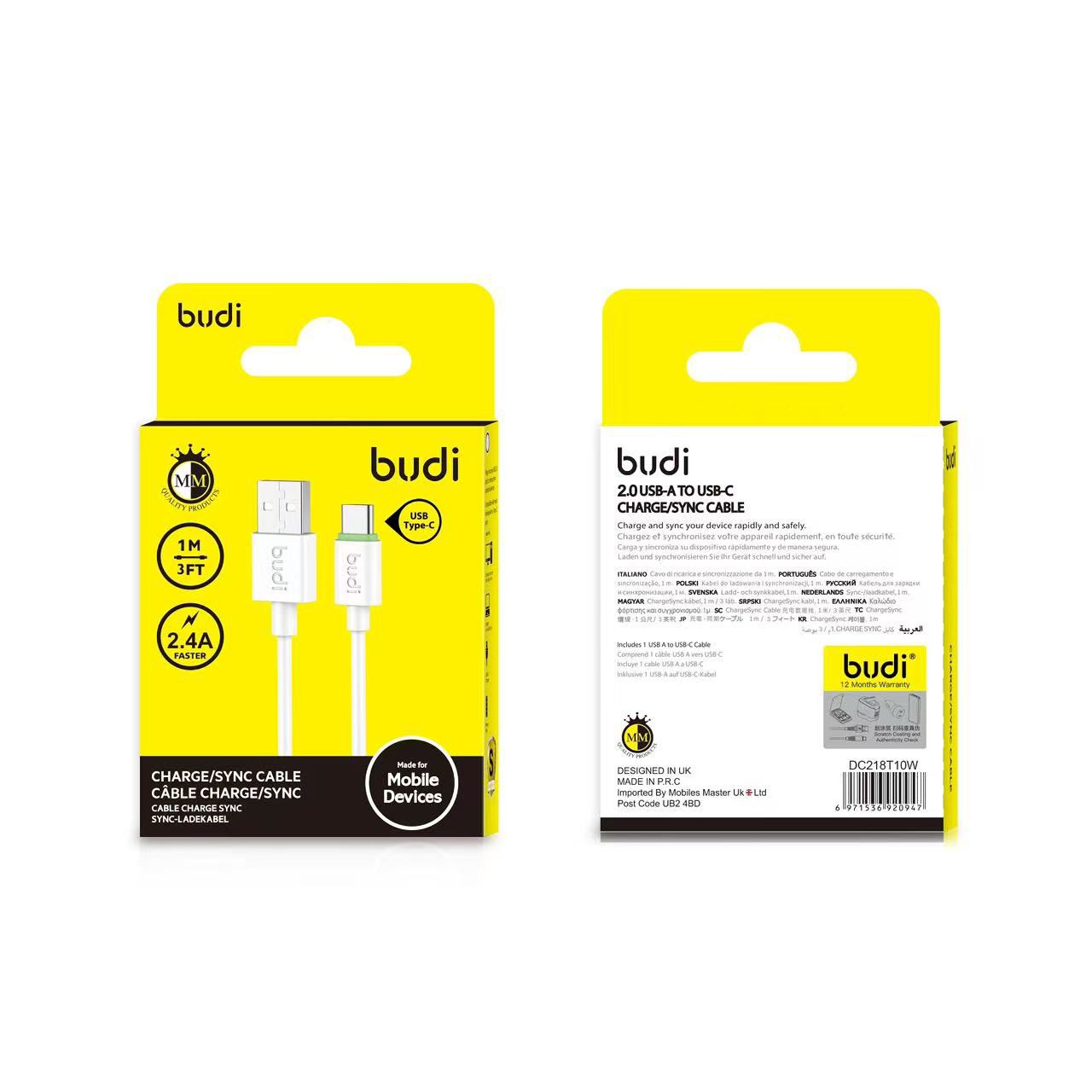 Budi 1M USB to C Cable 2.4A White