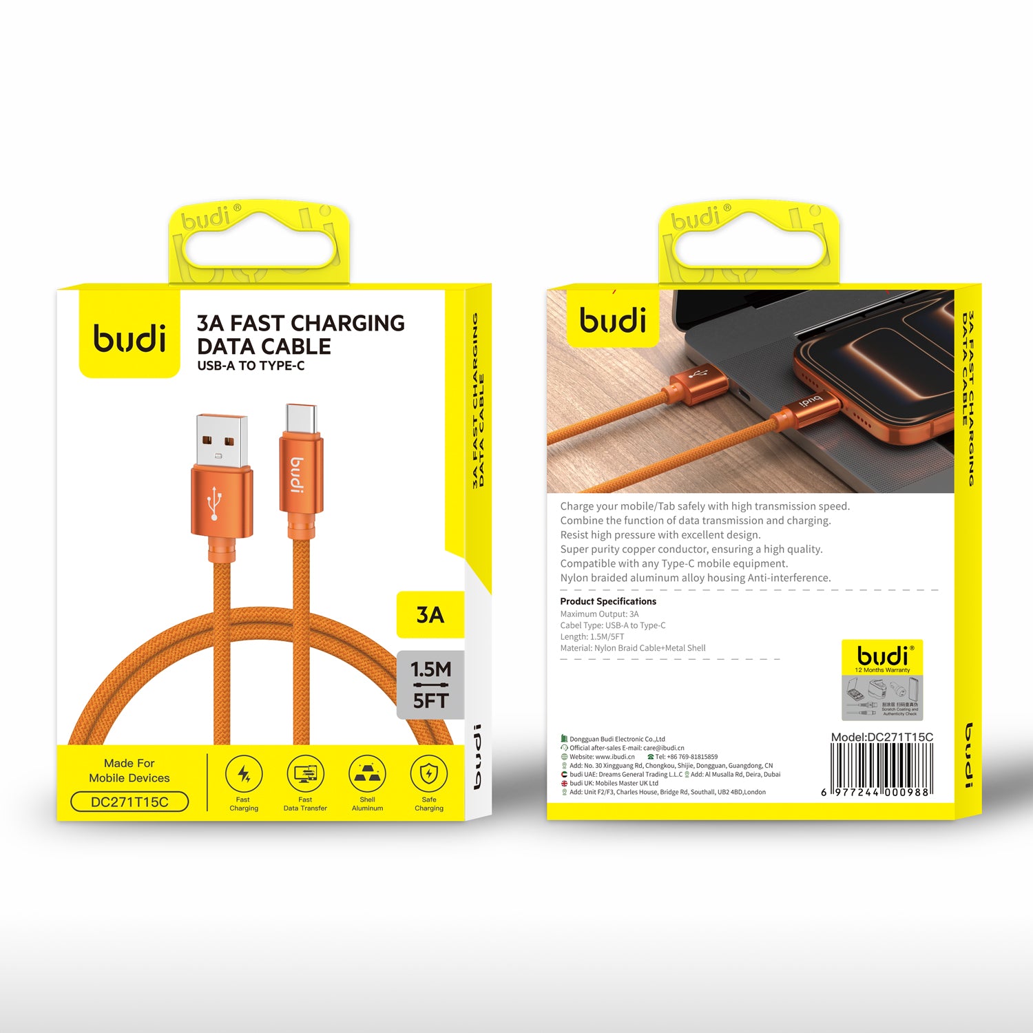 Budi 1.5M USB - C 3A Cable