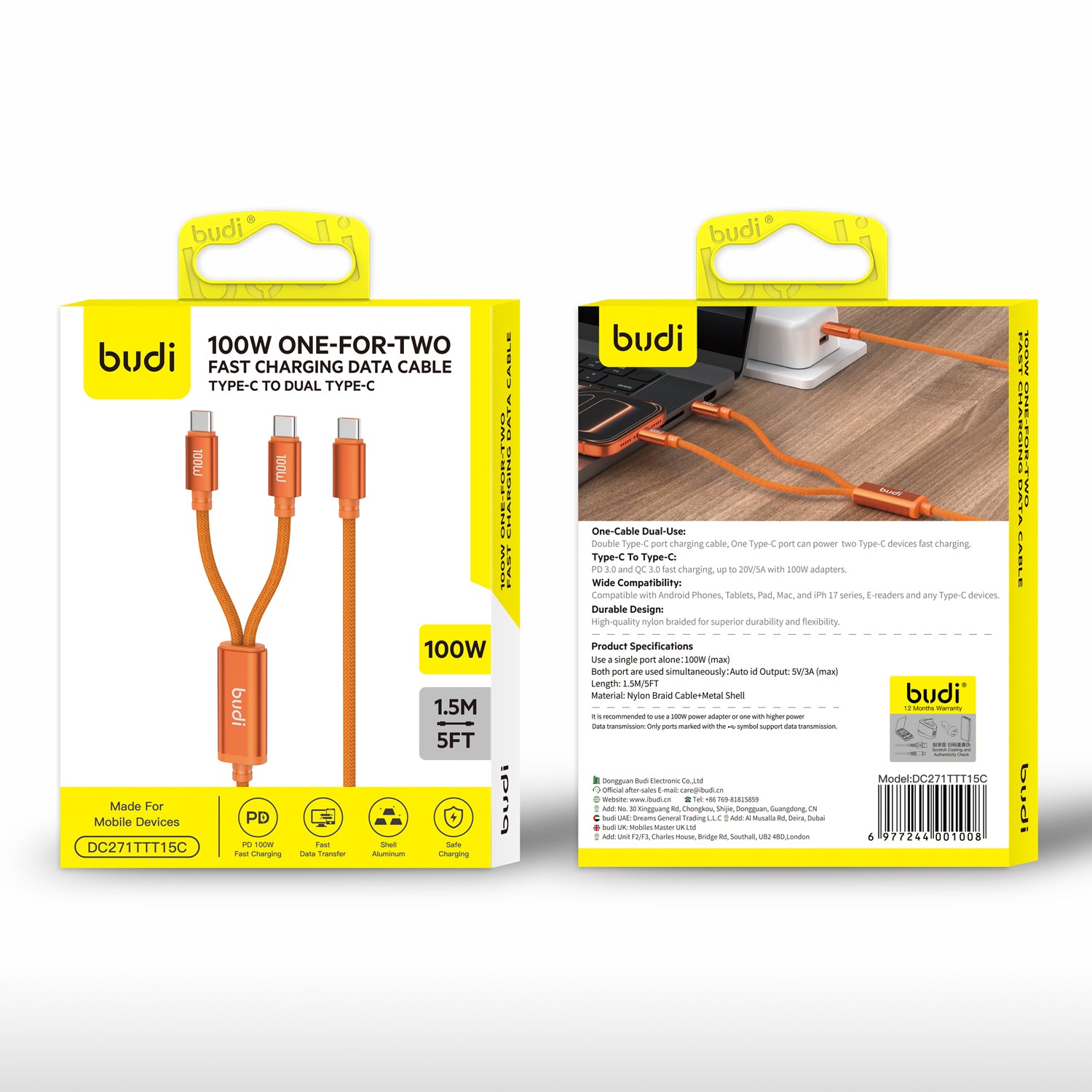 Budi 1.5M 3Type C PD100W Cable