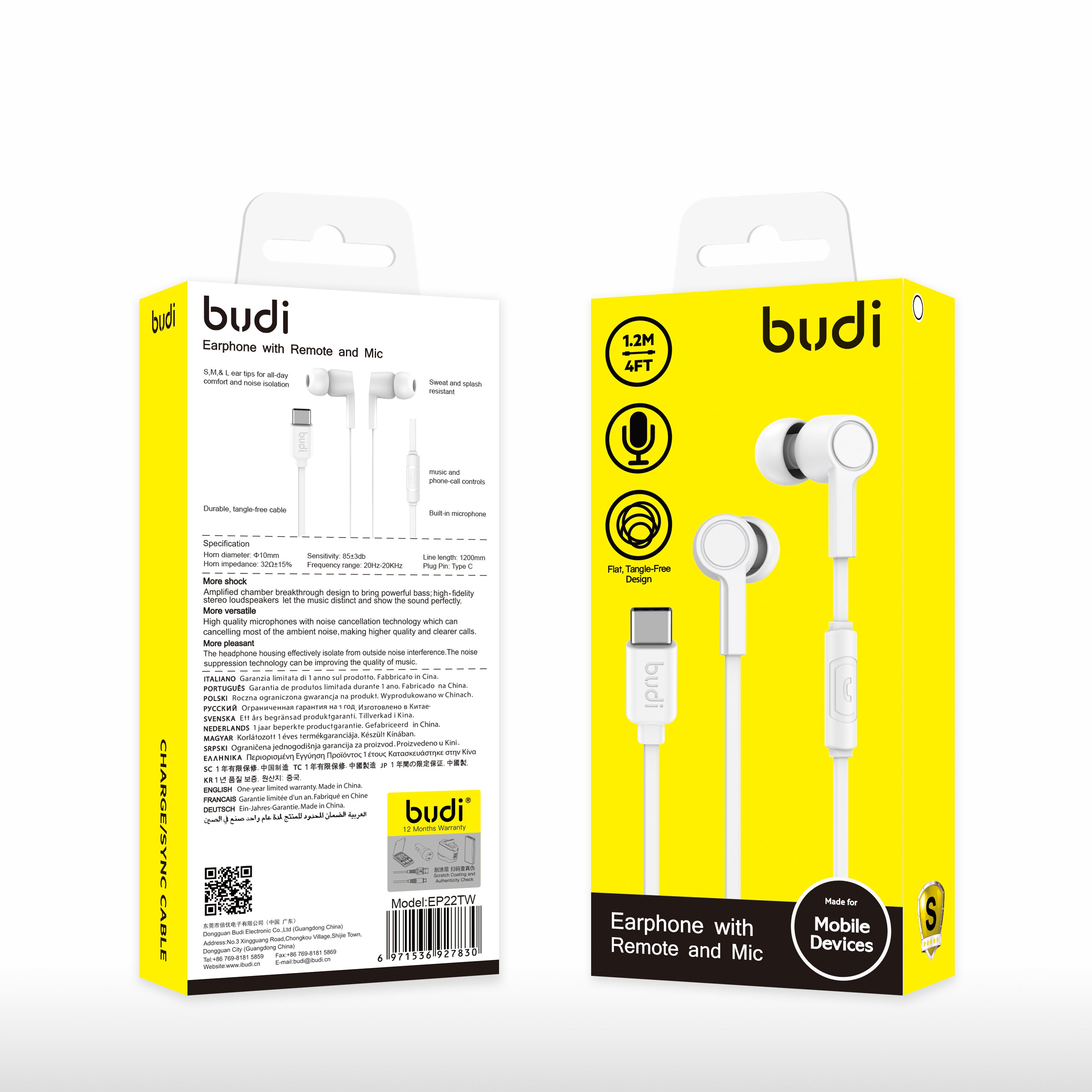 1.2m Type C earphone Flat.Tangle-Free Design black/white colour