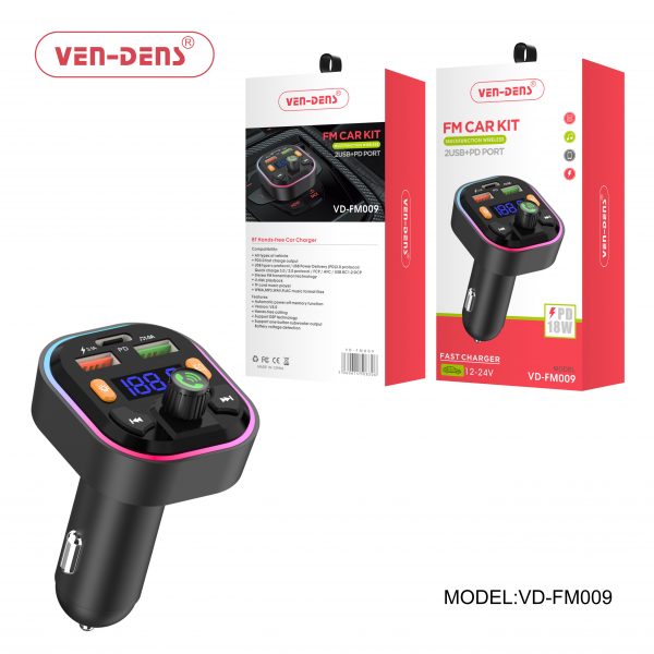 Ven-Dens Car Charger & Bluetooth FM Player with 2 USB + PD Port