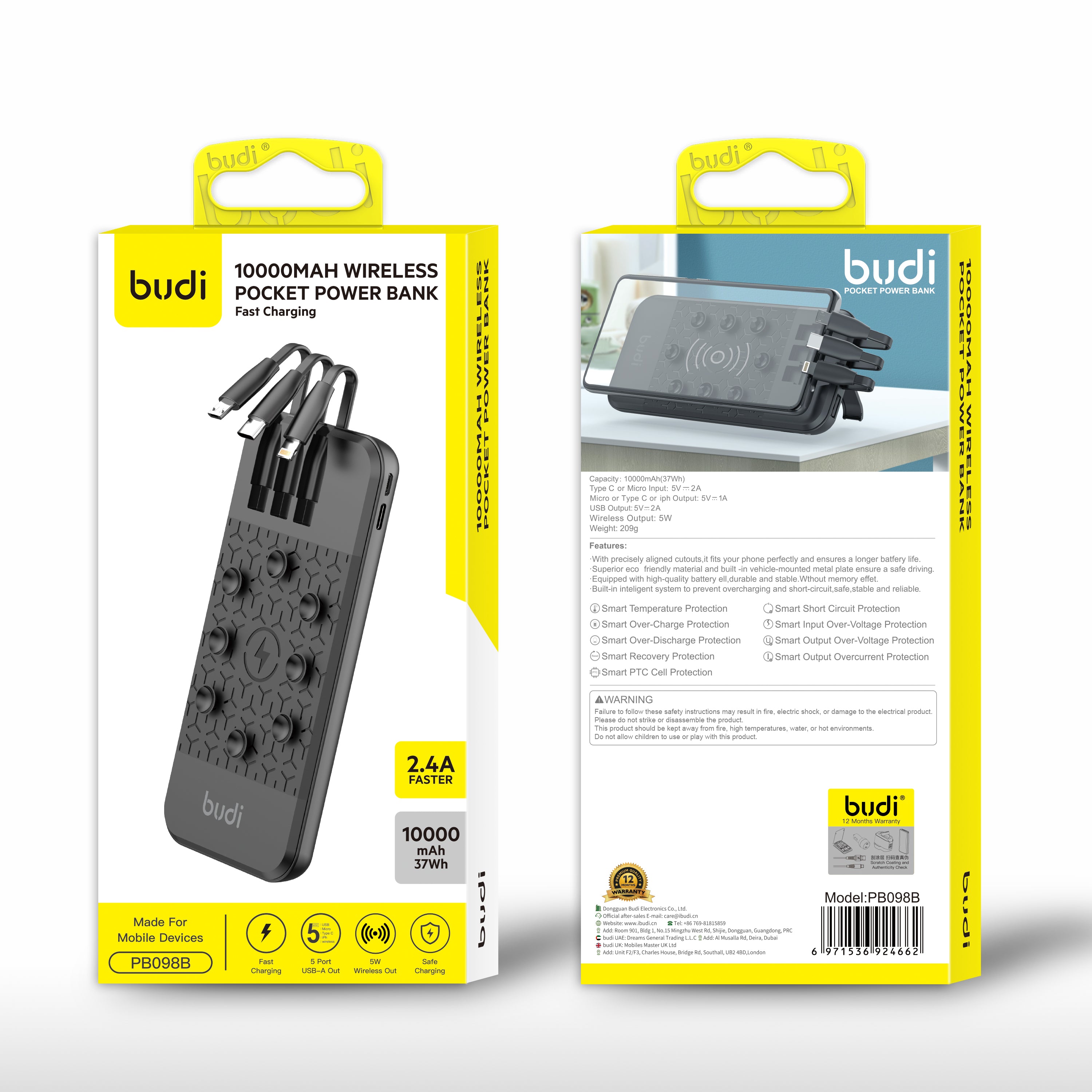 Budi 10000mAh 2.4A + QC 3.0 Quick Charger Power Bank