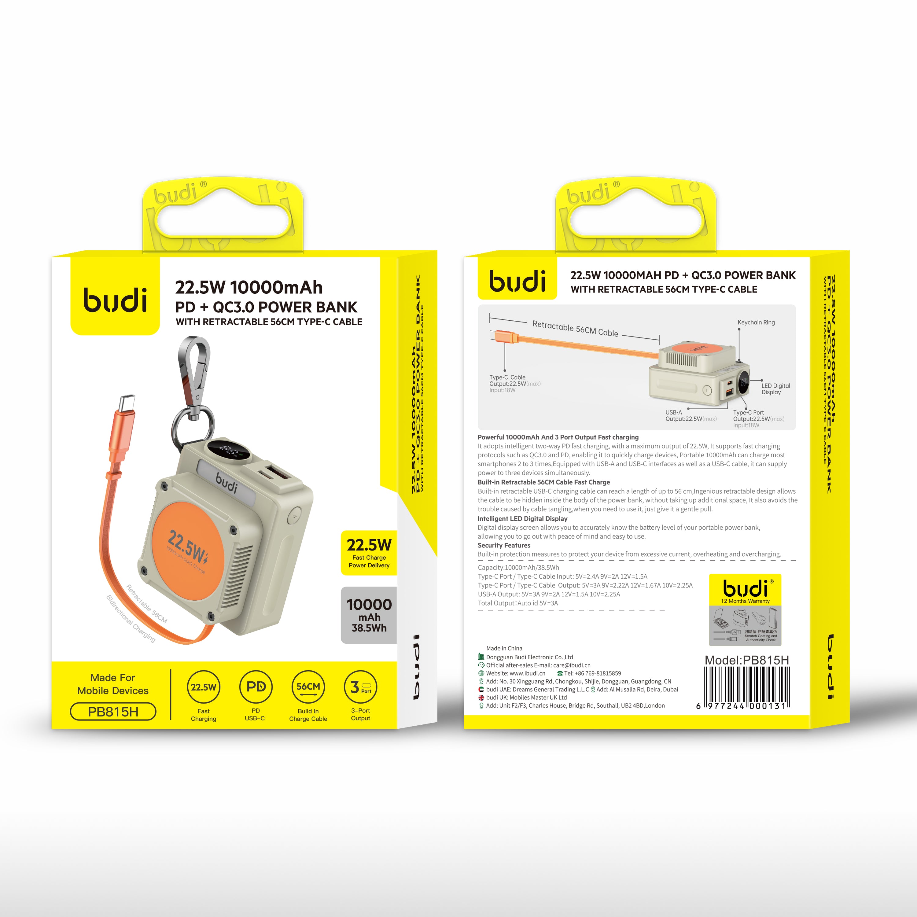 Budi 10000mAh 22.5W PD+QC 3.0 Power Bank With Retractable T.C Cable