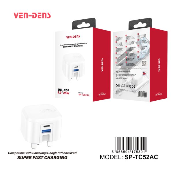 25W Dual Port Fast Charger Plug – USB-C PD & USB-A QC 3.0 Super Fast Charging