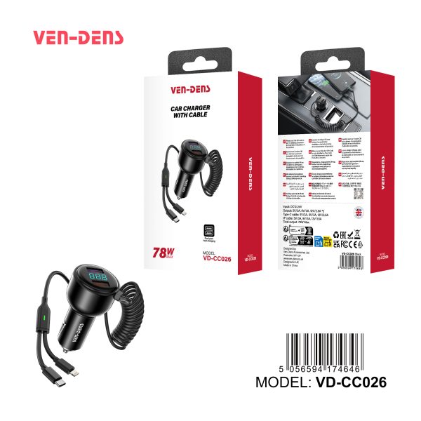 Ven-Dens Car Charger with Cable Dual Port Fast Charging 78W Max