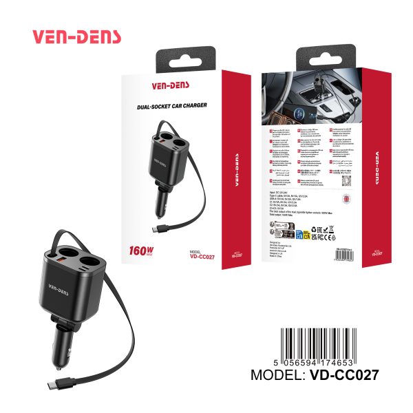 Ven-Dens160W Dual-Socket Car Charger, 2 Cigarette Lighter Splitter with Fast USB Output & Type-C Cable, High-Power Multi-Port Car Adapter for Phones, Dashcams & Car Accessories