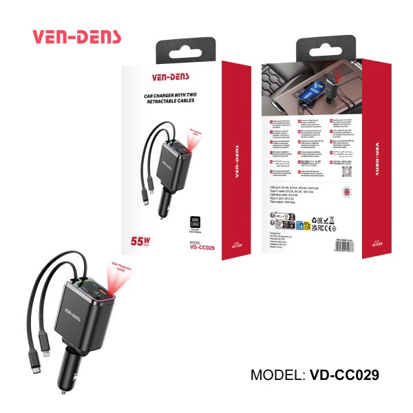 Ven-Dens 55W Car Charger with Dual Retractable Cables, USB-C & Lightning Built-In Cables, USB Port Fast Charging, PD & QC Car Adapter with Star Projector Light