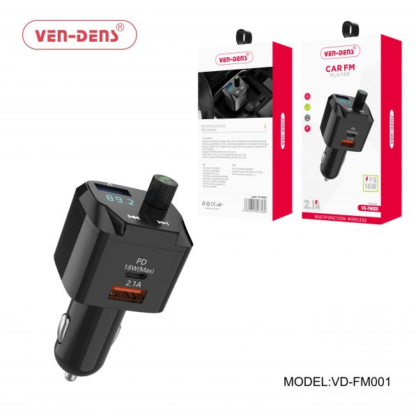 Ven-Dens Car Charger & FM Player 2.1A USB + PD 18W