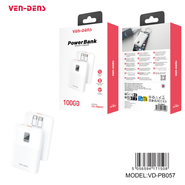 Ven-Dens Power Bank 10000mAh 2IN1 Built in Charging Cables
